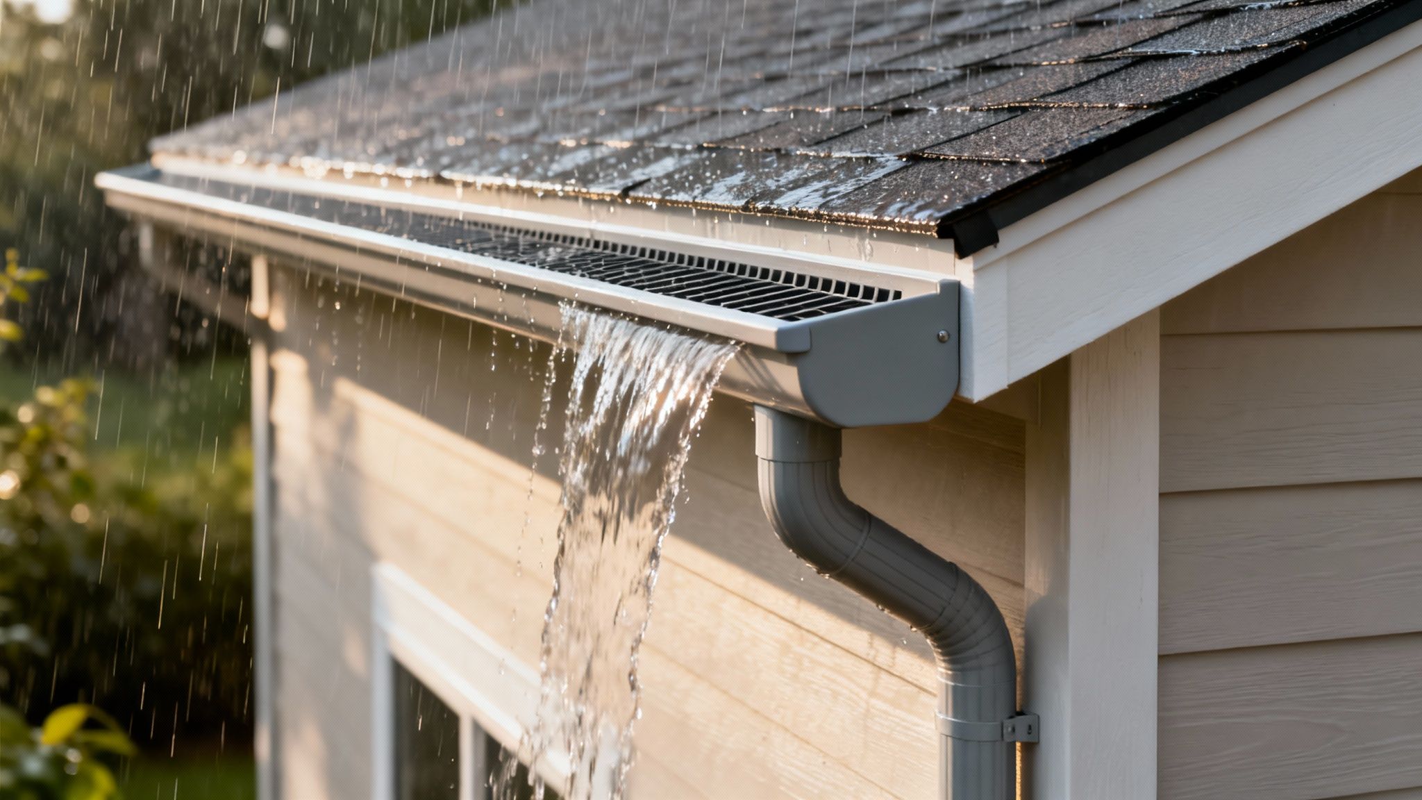 Rainwater overflows from a house gutter with a mesh cover during a downpour.
