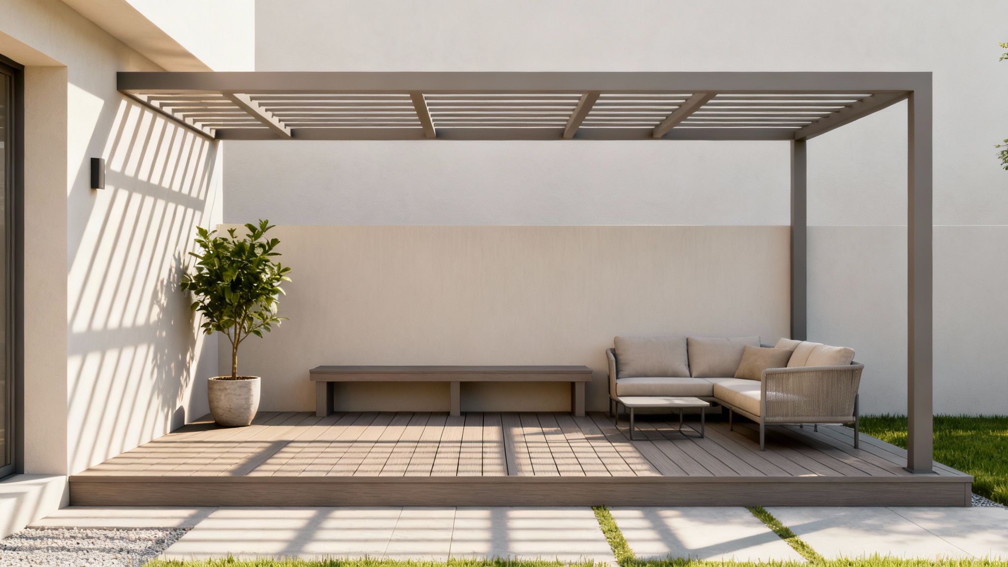 A modern outdoor patio featuring a wooden deck, a pergola, and comfortable lounge furniture.