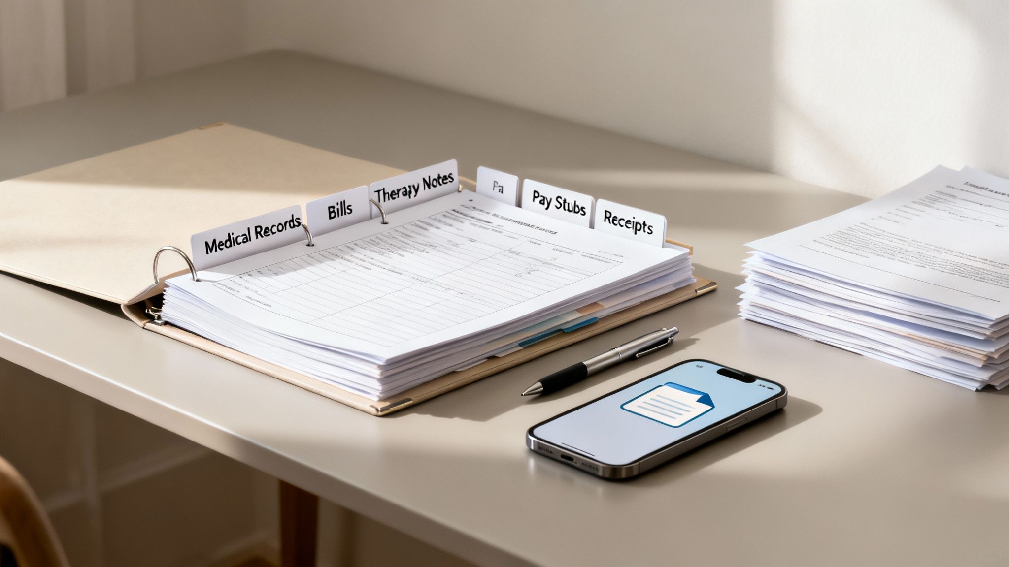 A binder on a desk, organized with dividers for medical records, bills, and other personal documents.
