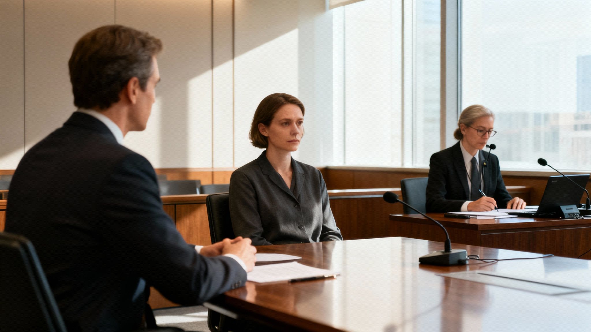 A professional legal setting where a deposition might take place, conveying seriousness and importance.
