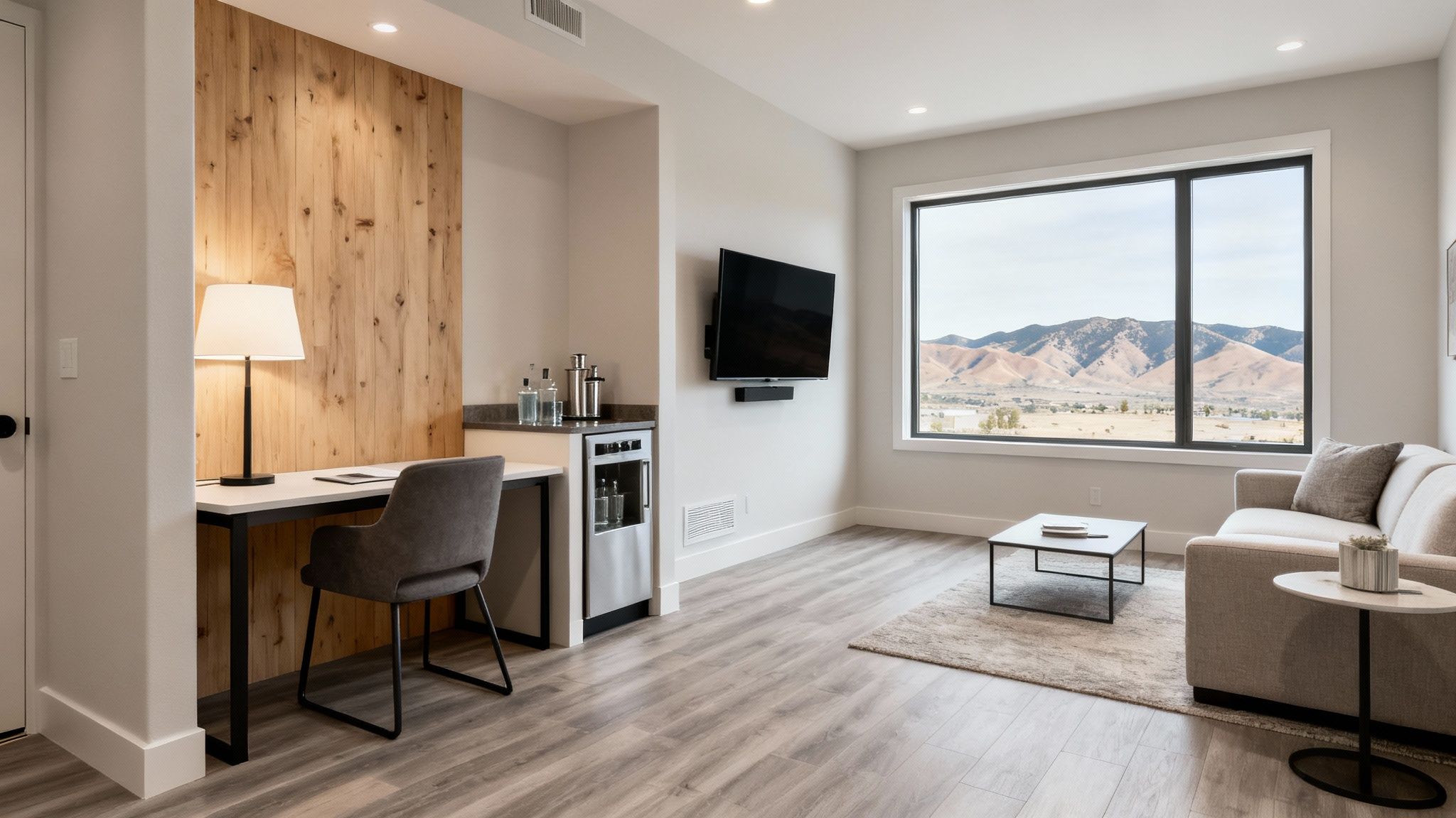 A bright, modern finished basement with a desk, mini-bar, TV, sofa, and mountain view.