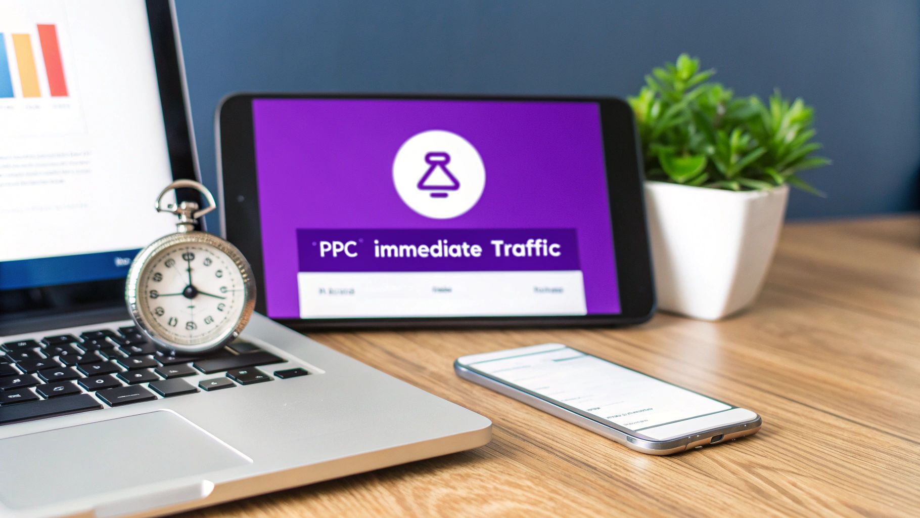 A desk setup with a laptop, pocket watch, tablet displaying 'PPC immediate Traffic', smartphone, and a plant.
