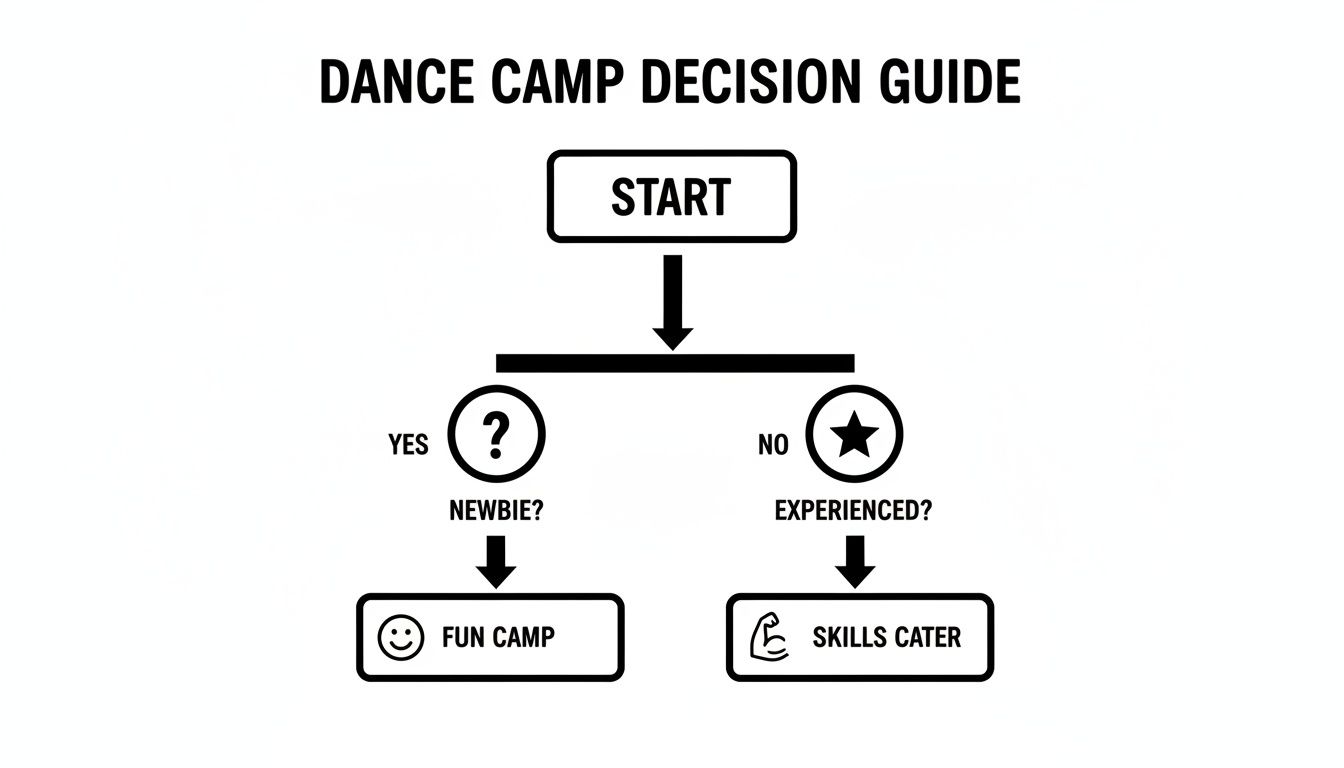 A flowchart decision guide for choosing a dance camp, offering options for newbies and experienced dancers.