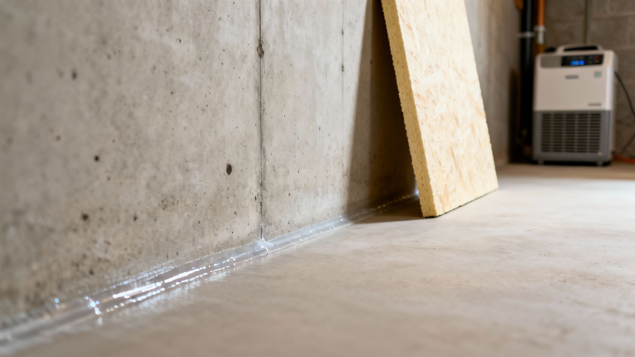 Water leaking along concrete basement wall corner creating puddle on unfinished floor