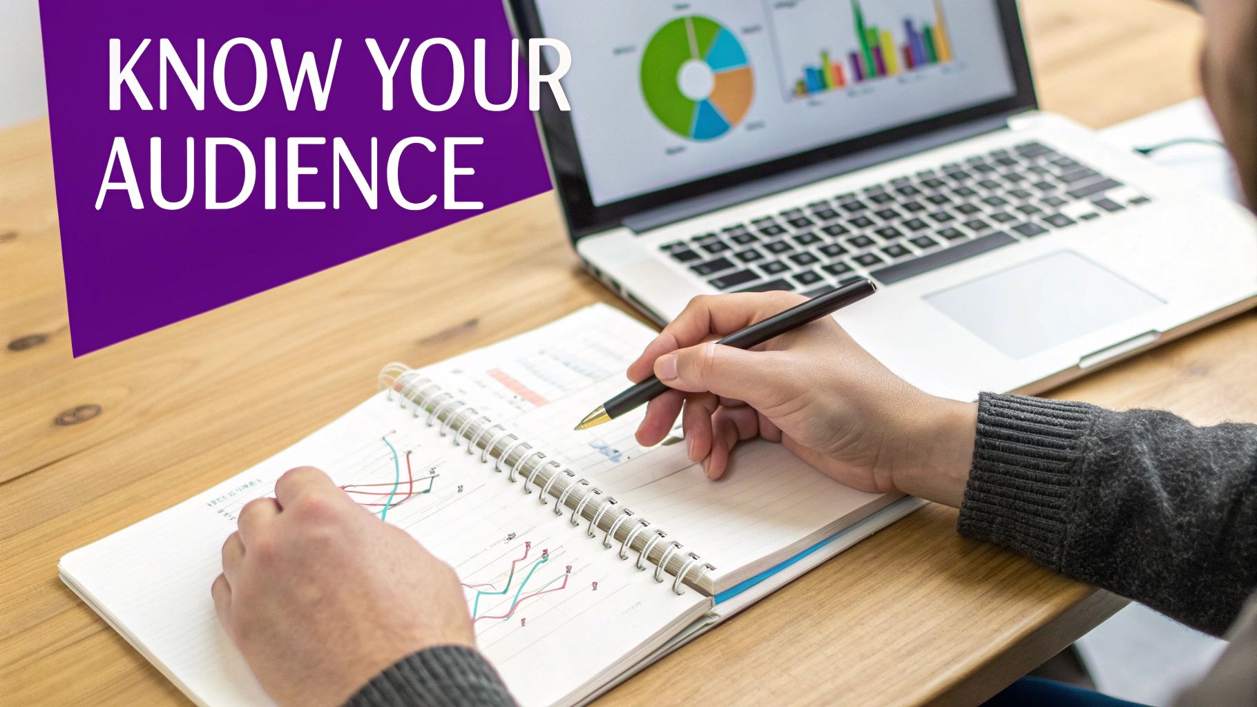 A person analyzing data in a notebook with a laptop showing charts and 'KNOW YOUR AUDIENCE' banner.