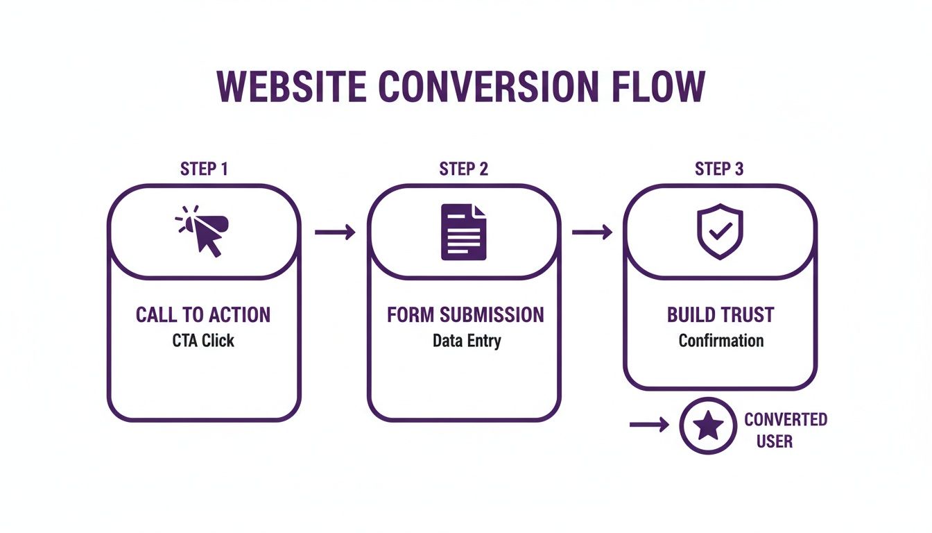 Diagram illustrating a three-step website conversion flow: Call to Action, Form Submission, and Build Trust, leading to a converted user.