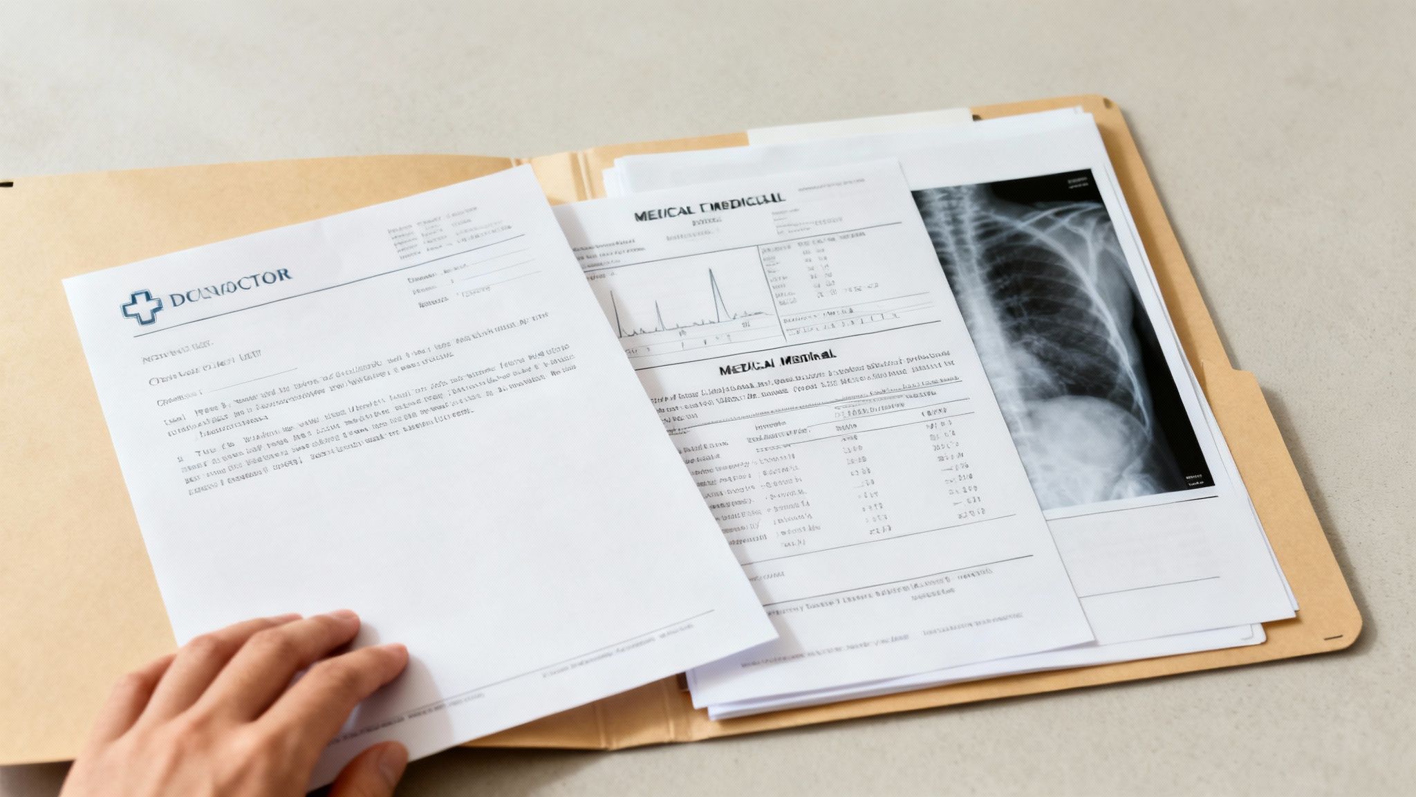 A hand holds a medical document with 'DOCDOCTOR' logo over a folder containing a chest x-ray and other medical reports.