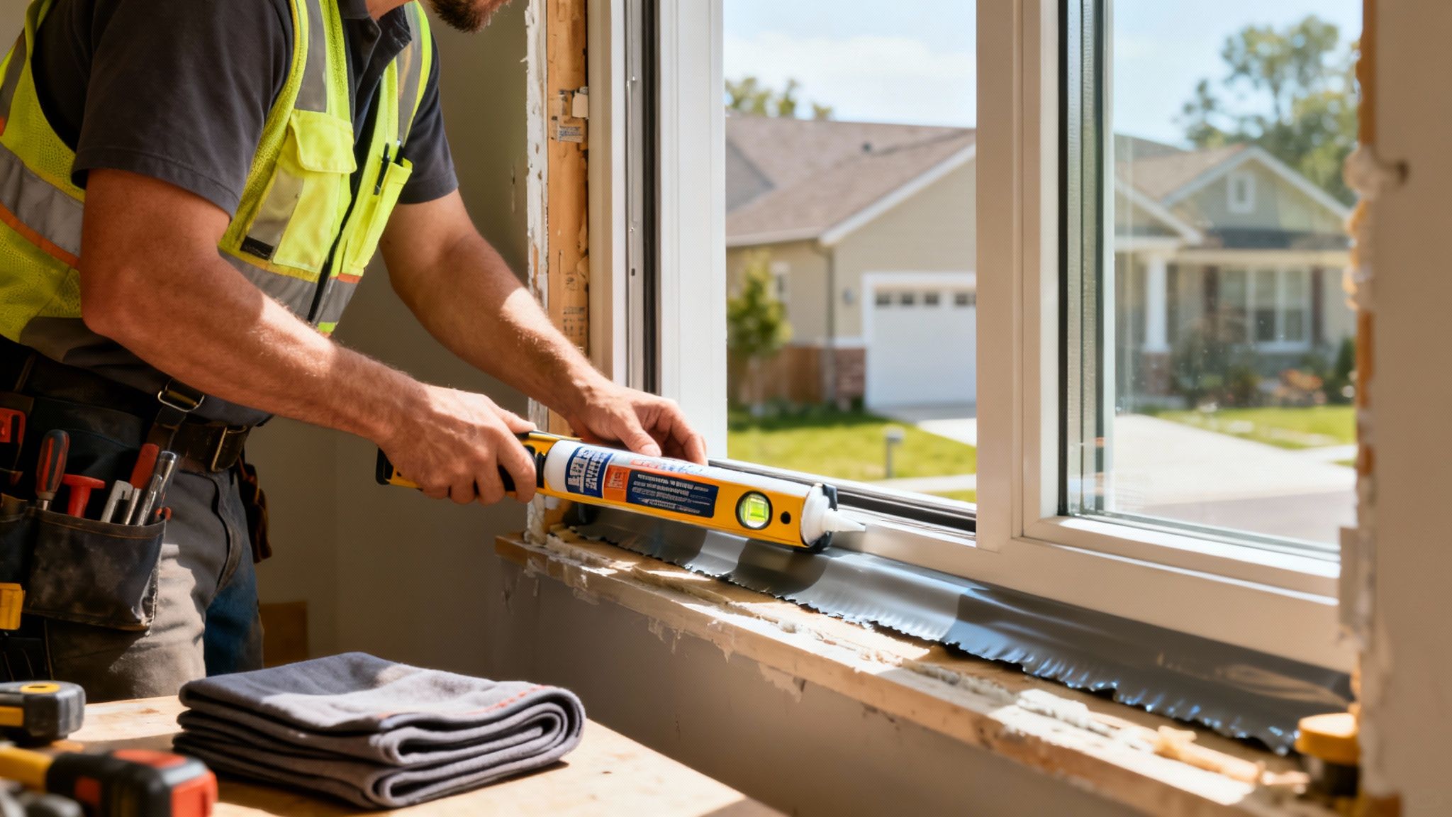 A person in a safety vest applying sealant to a new white window frame with a caulk gun and level.