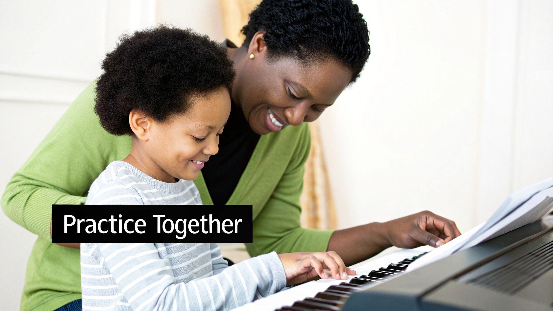Smiling adult and child playing a piano together, focused on learning music.