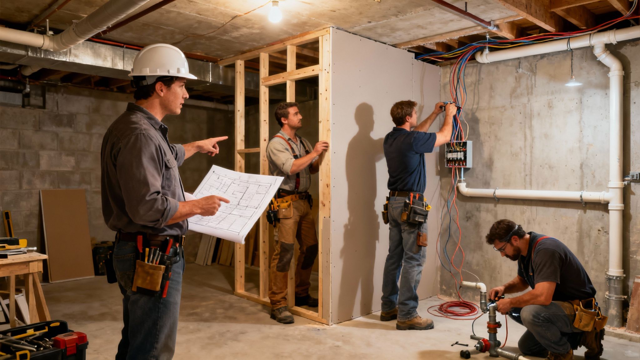 Four construction workers building and wiring a basement, led by a contractor with blueprints.