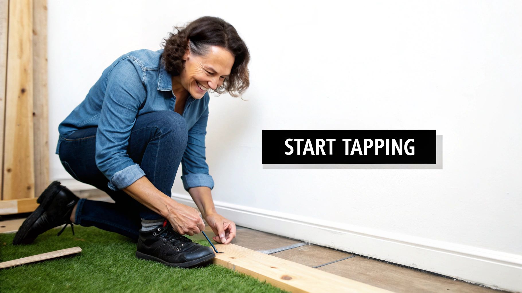 A smiling woman kneels on artificial grass, using a tool to work on a wooden plank, with 'START TAPPING' text.