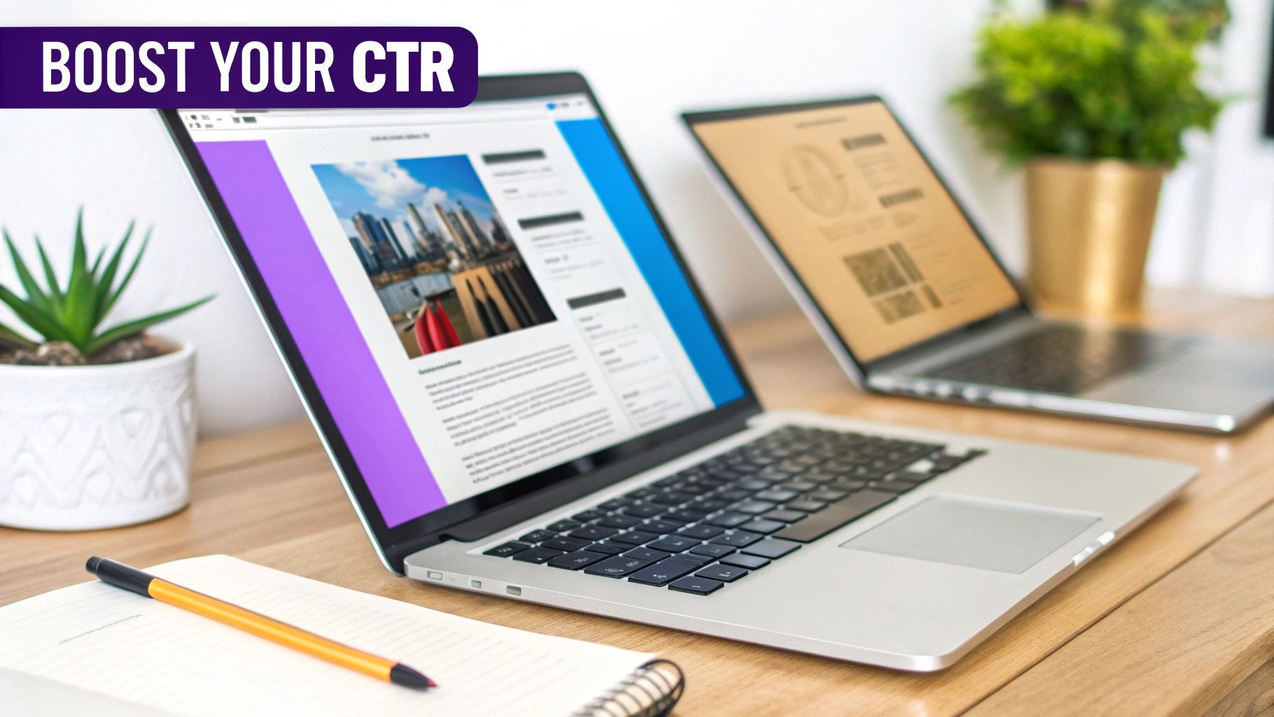 Laptops on a desk with a notebook, pen, and plants, with 'BOOST YOUR CTR' text.