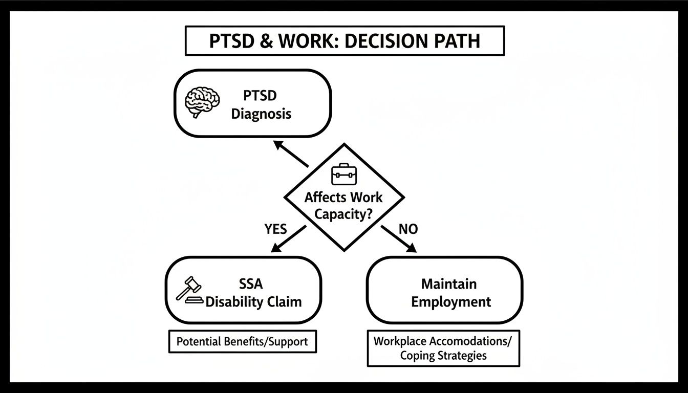 A flowchart titled 'PTSD & WORK: DECISION PATH' outlining steps for PTSD diagnosis affecting work capacity.