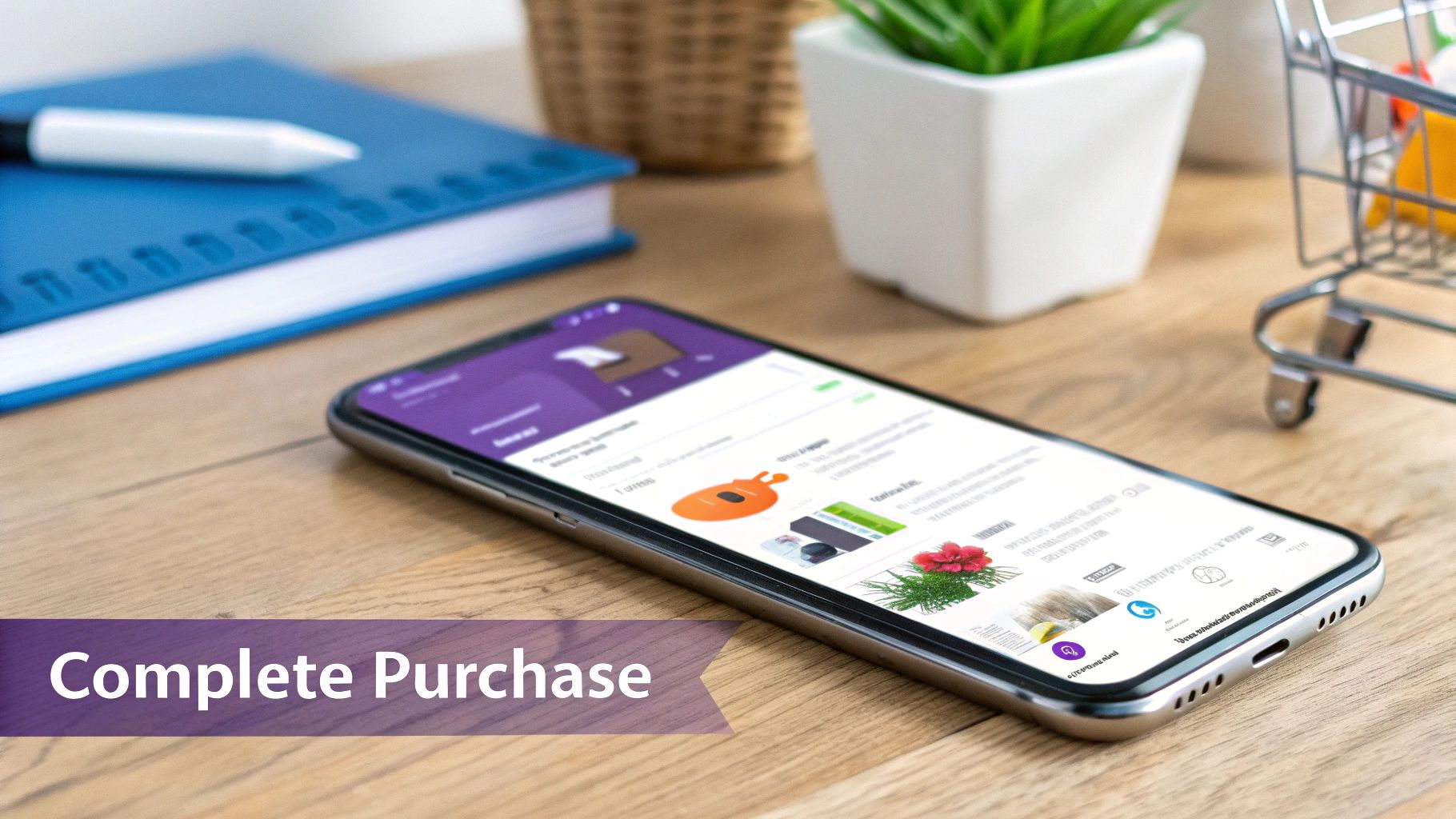 Smartphone displaying an e-commerce app with products, a notebook, pen, plant, and miniature shopping cart, emphasizing 'Complete Purchase'.