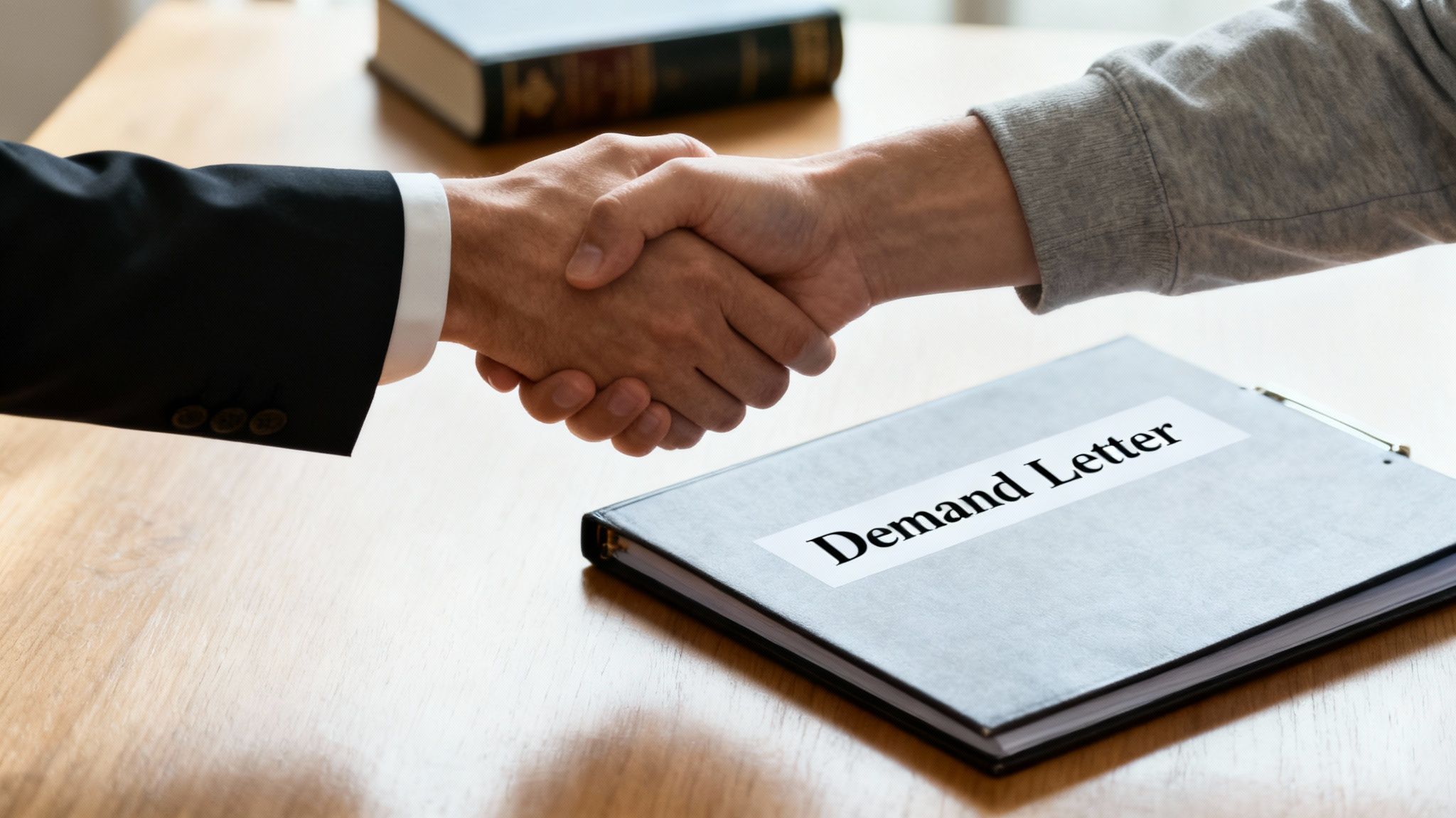 Two people shaking hands over a table with a folder labeled 'Demand Letter', suggesting a legal agreement.