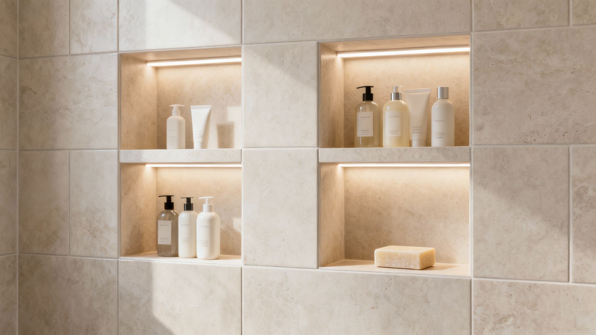 Built-in shower niches with warm LED lighting in a tiled bathroom, displaying white bath product bottles and a bar of soap.