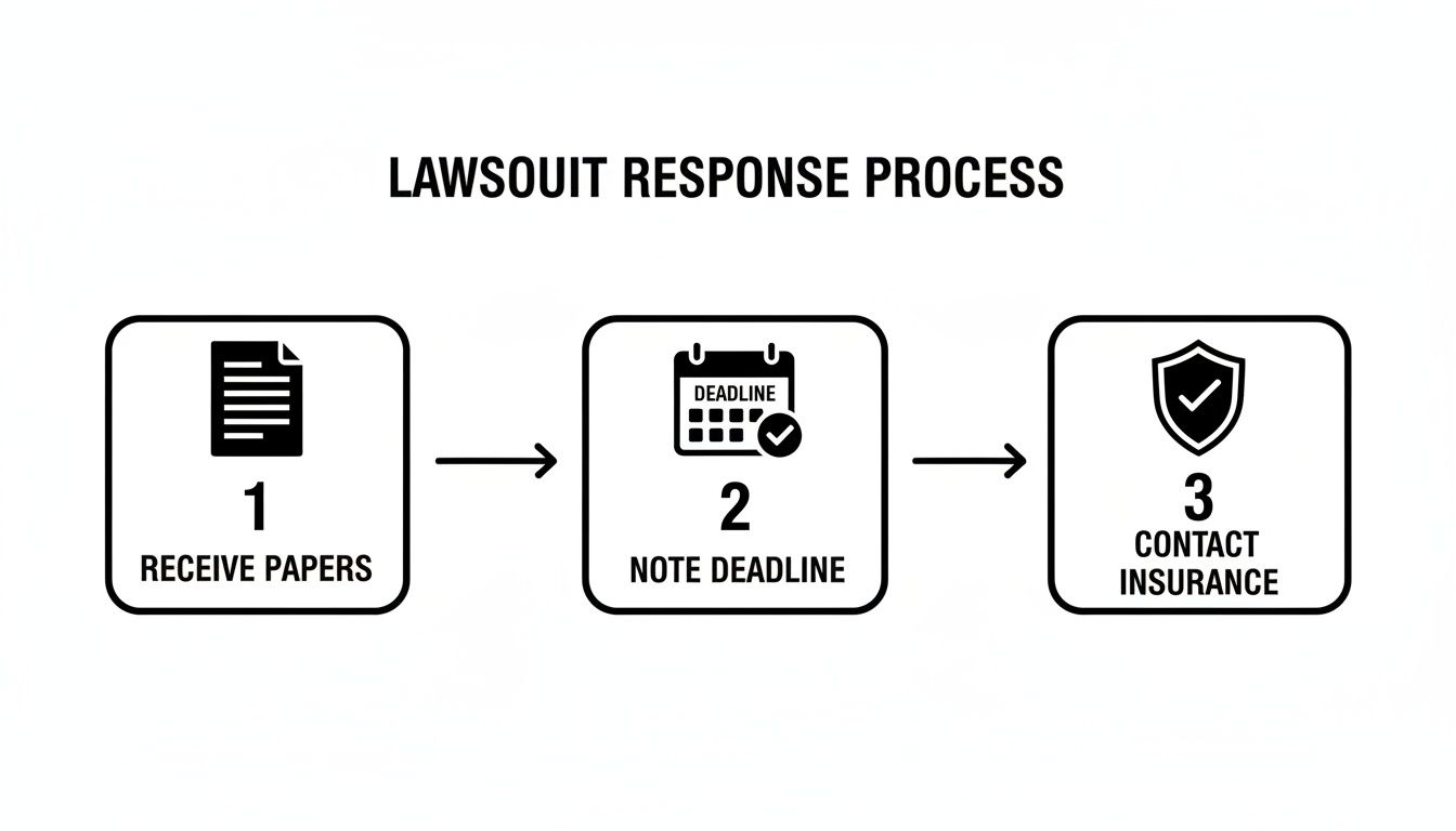 A diagram illustrating the three-step lawsuit response process: receive papers, note deadline, and contact insurance.