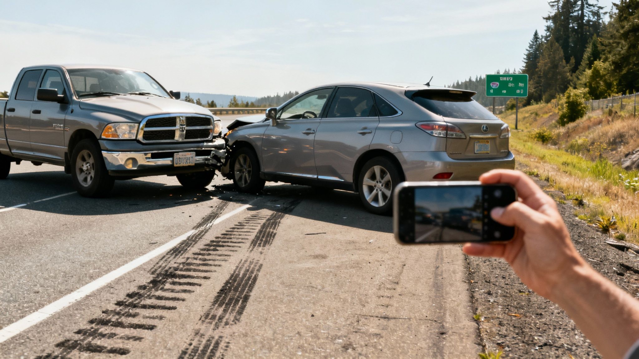 A person taking photos of a car accident scene with their smartphone.