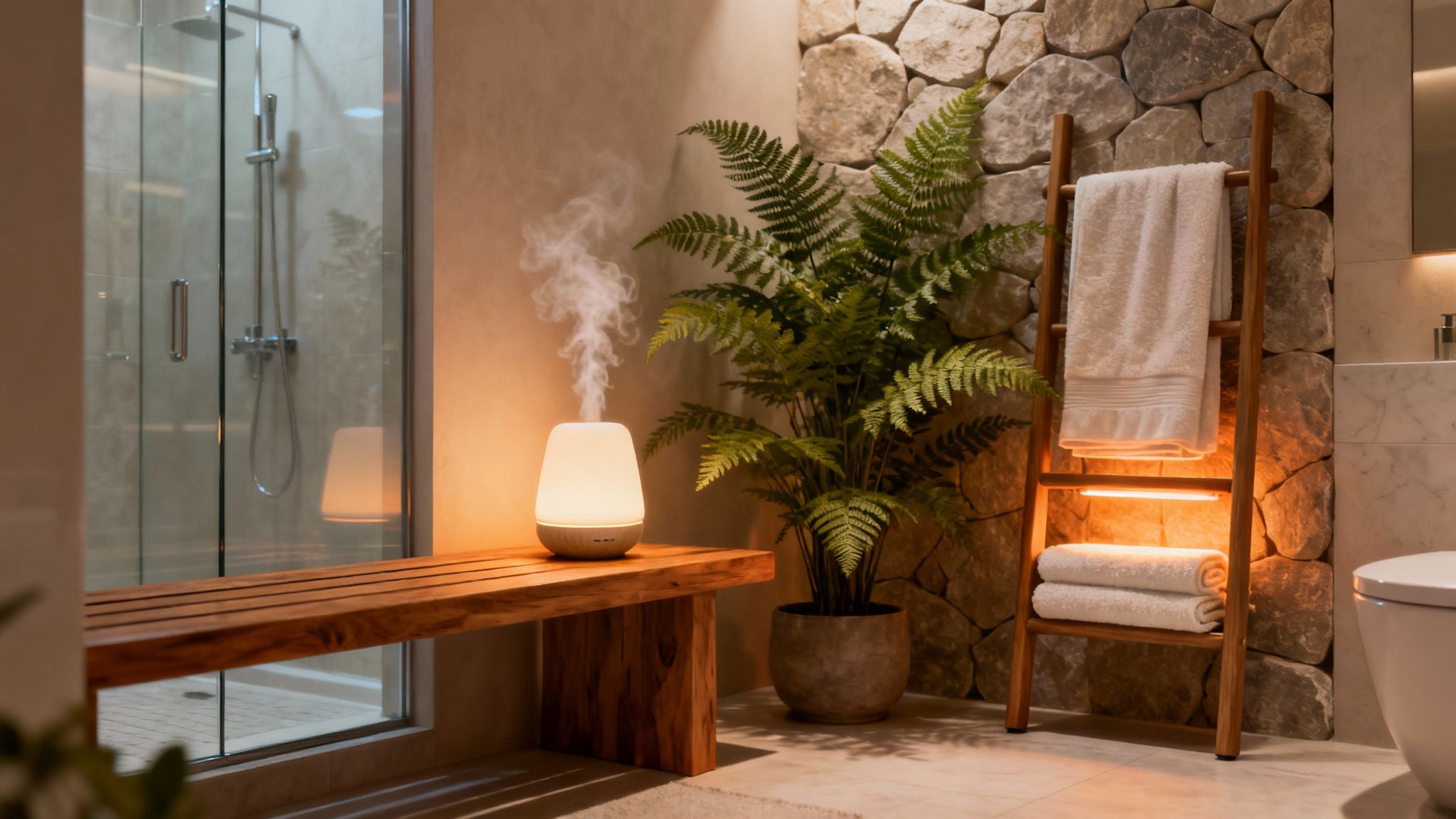 A luxurious modern bathroom features a steaming essential oil diffuser on a wooden bench, a glass shower, and stone walls.