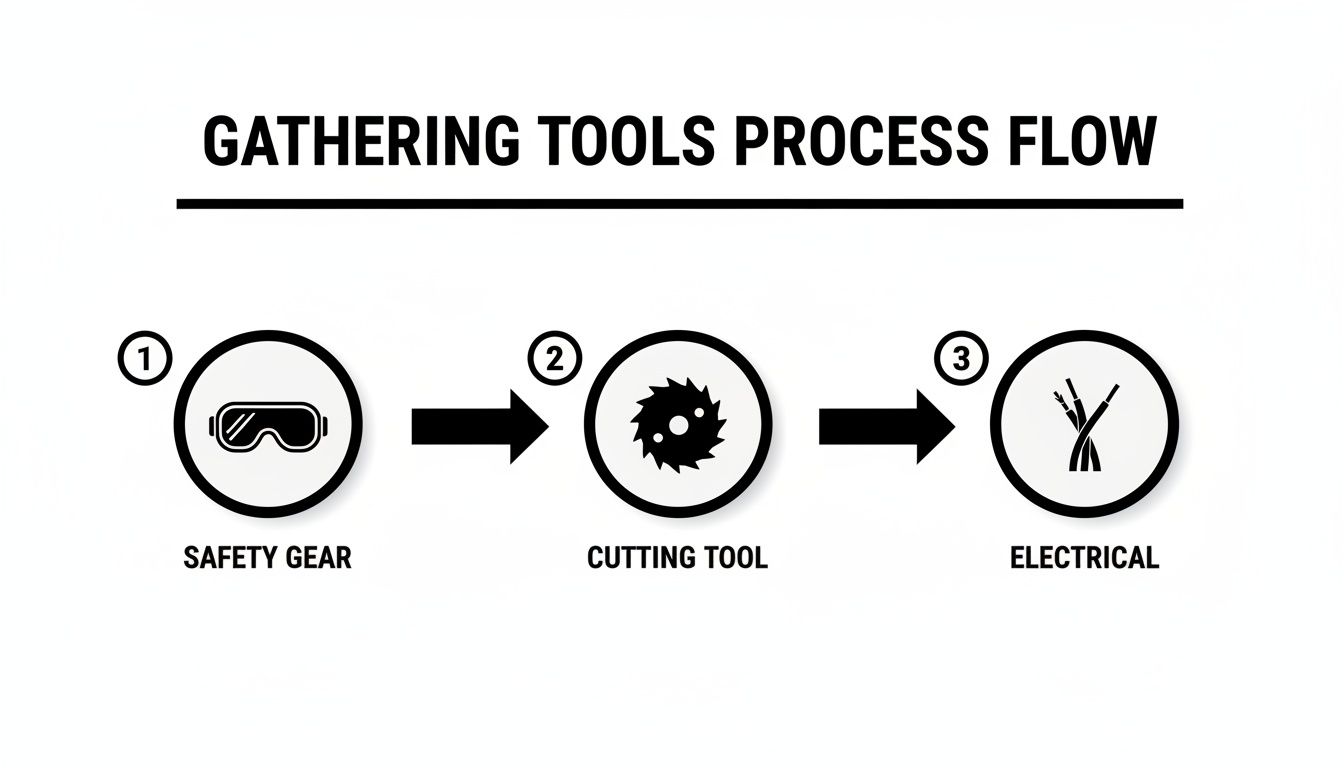 A black and white process flow diagram showing three steps for gathering tools: safety gear, cutting tool, and electrical.
