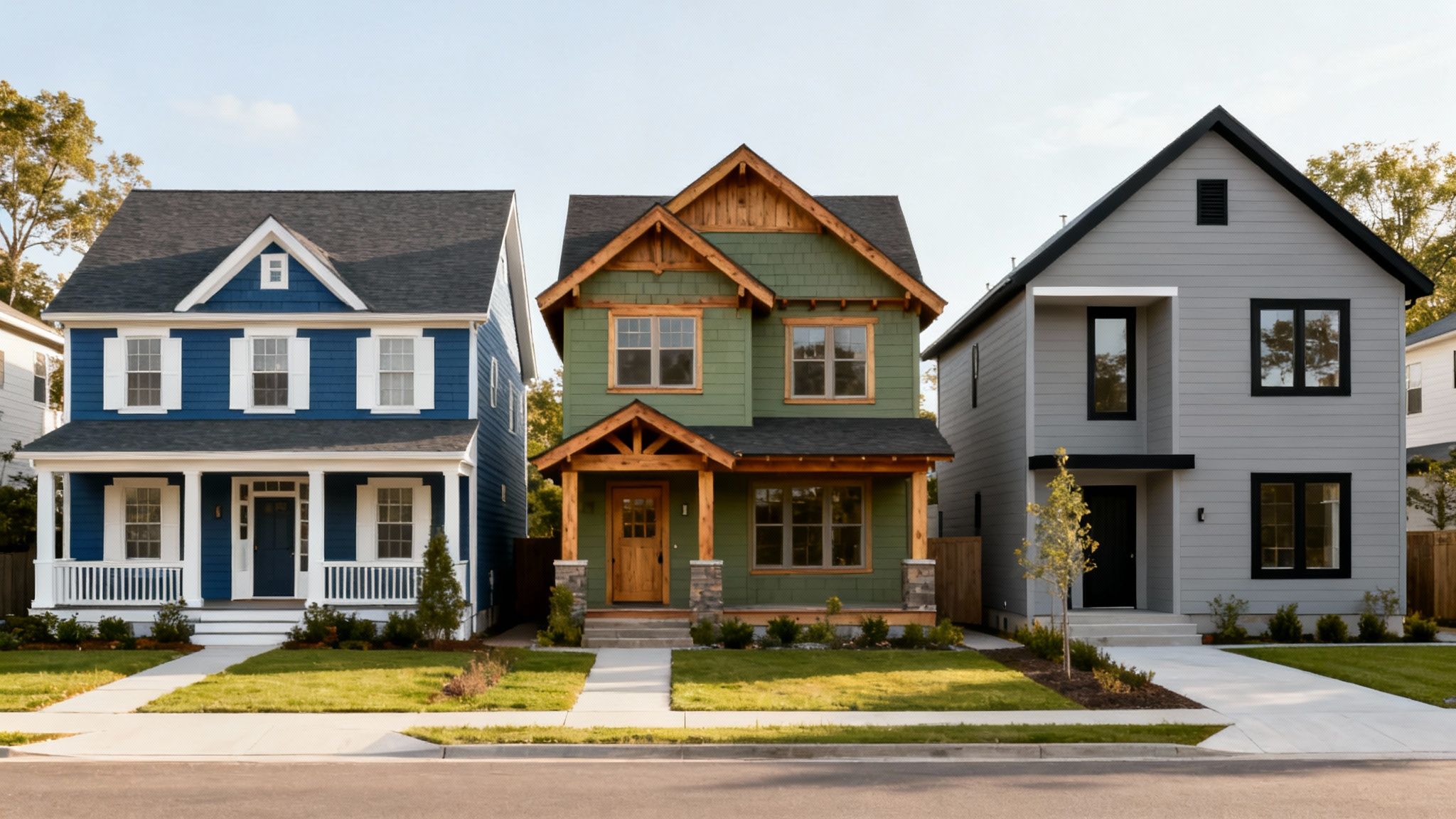A close-up of a house with light blue siding and clean white trim under a clear sky.
