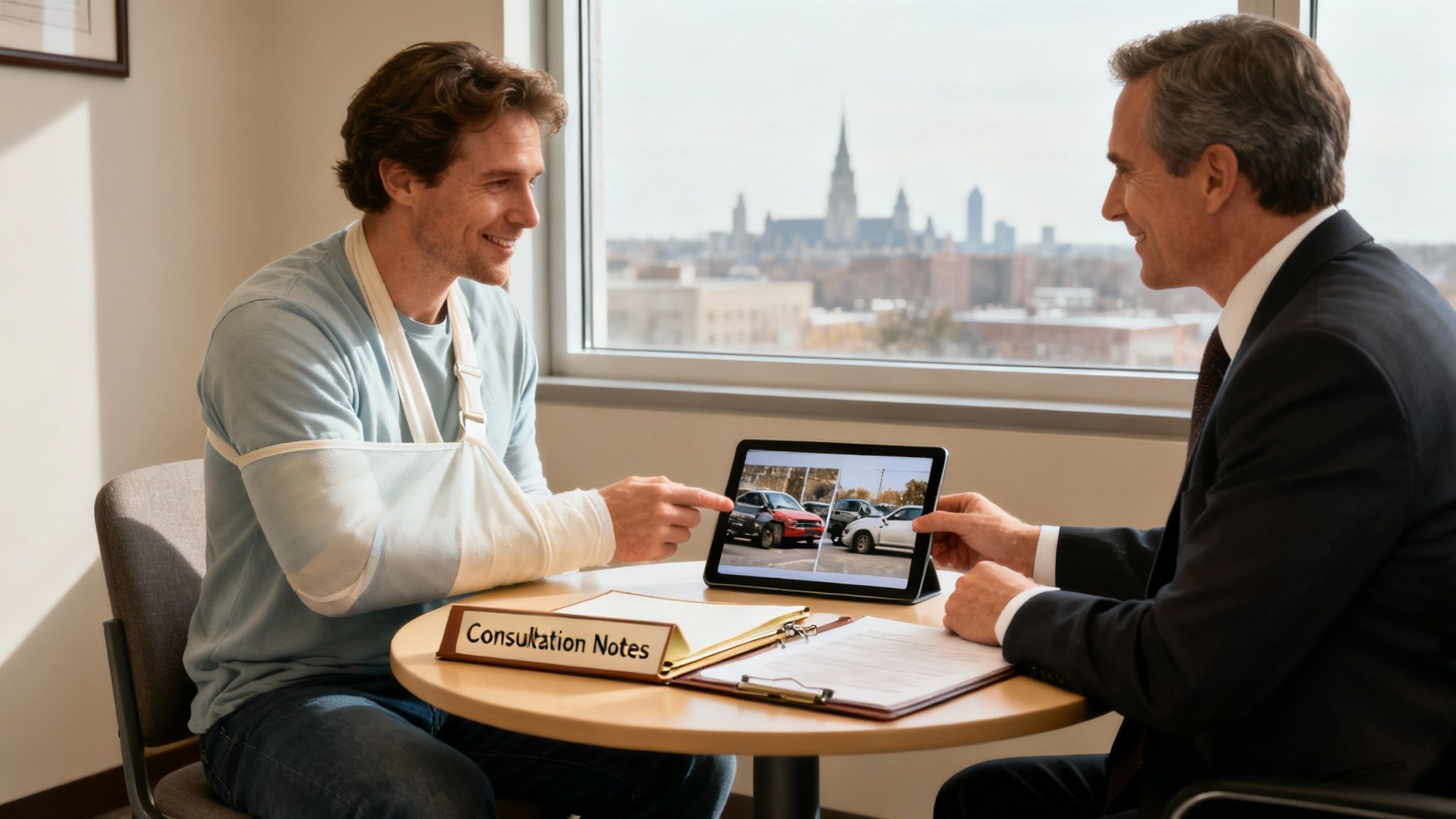 A person signing documents during a legal consultation.
