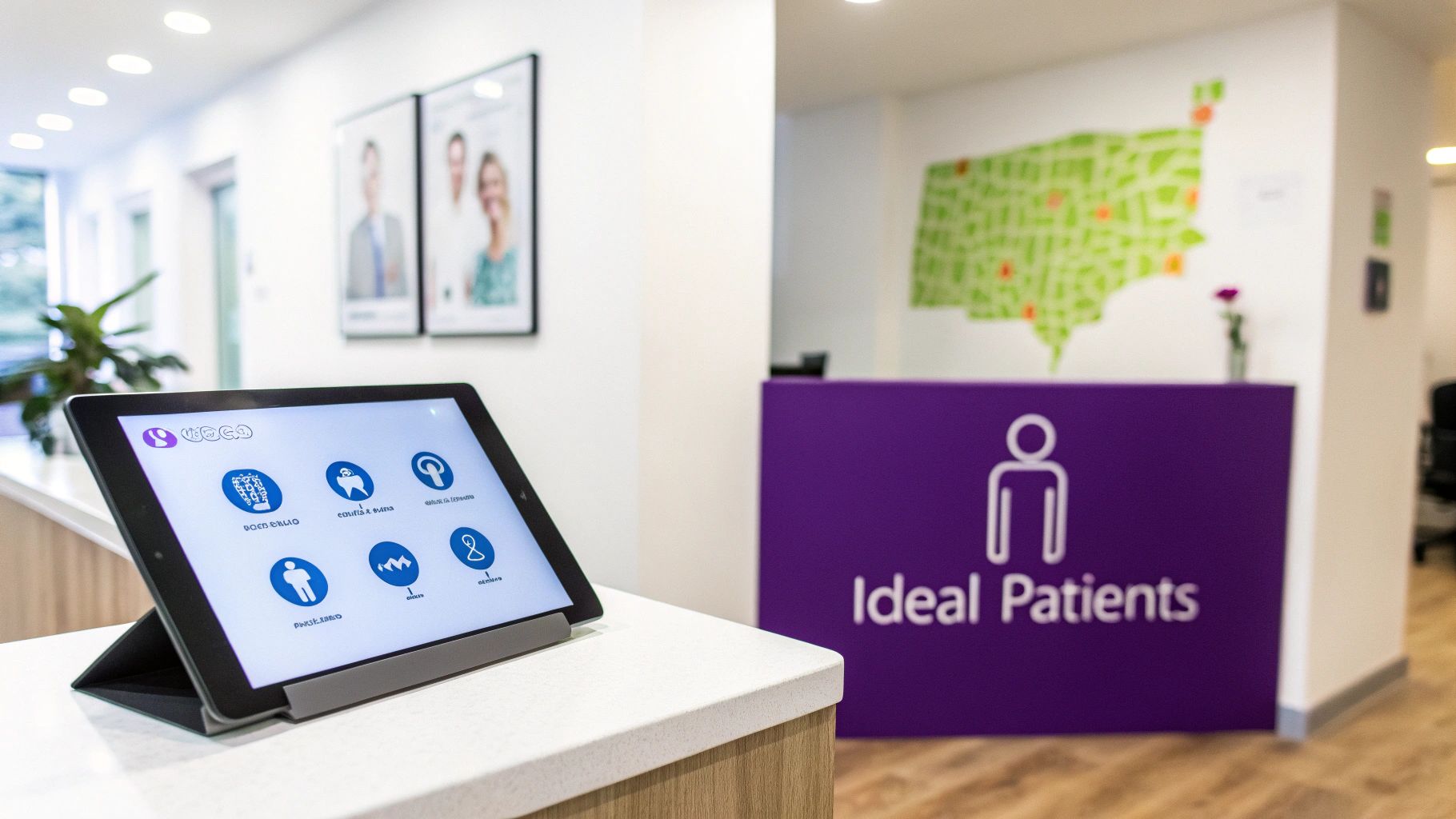 A dentist reviewing x-rays and patient data on a tablet.