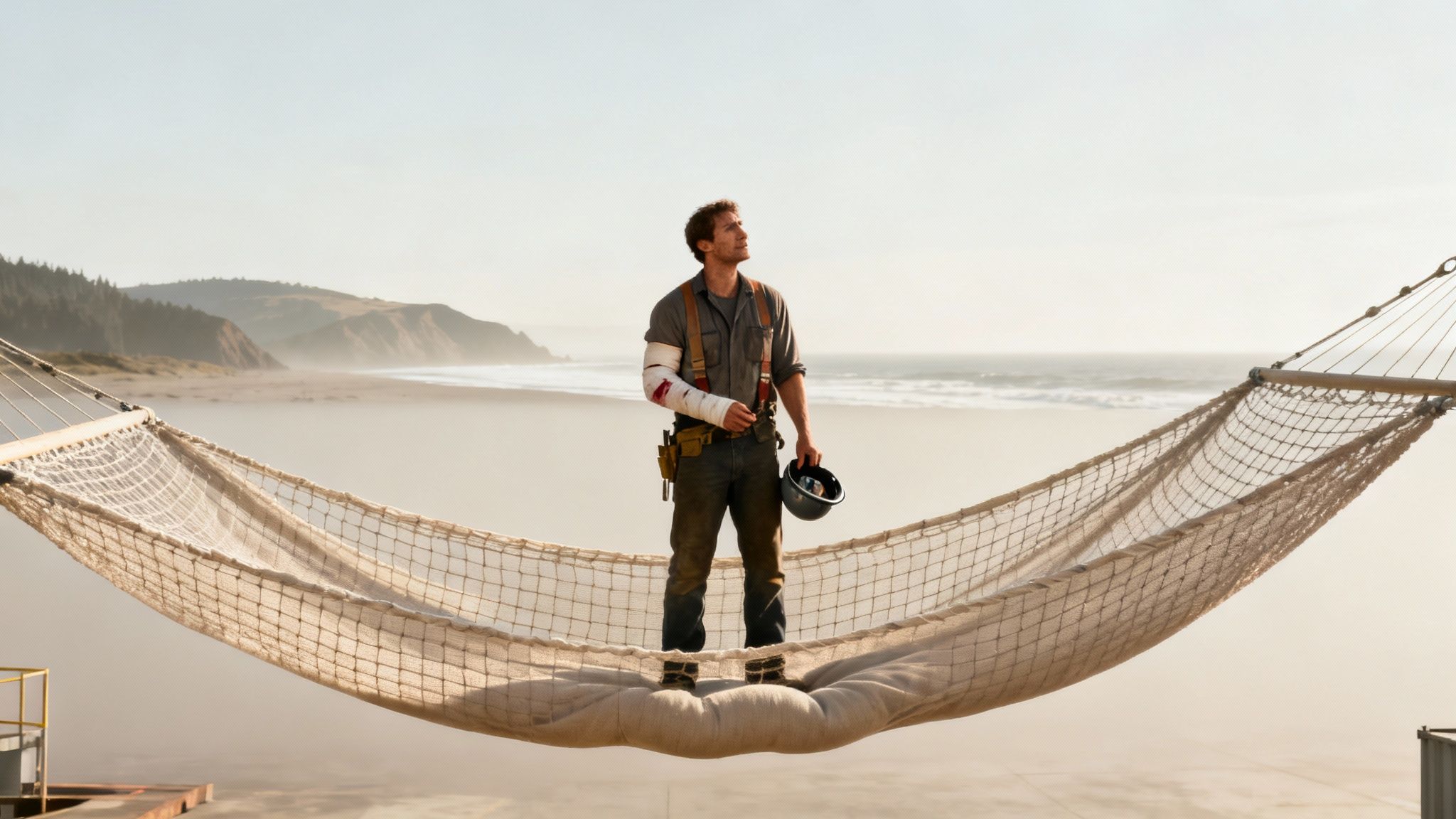Man with injured arm and hard hat standing in a large net hammock on a beach, looking thoughtfully at the horizon.
