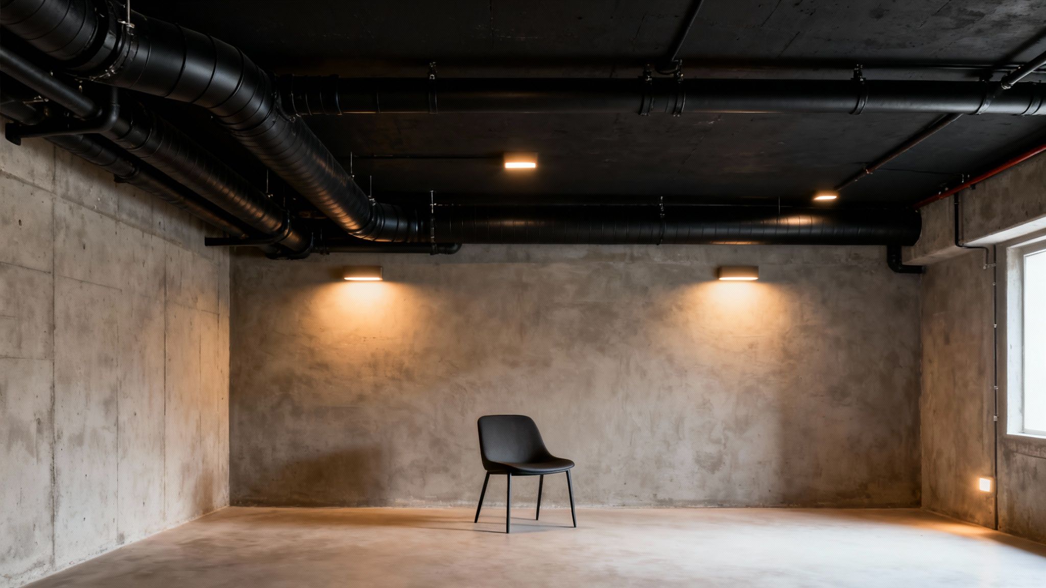 Industrial room with exposed black ductwork, concrete walls, warm lights, and a single black chair.