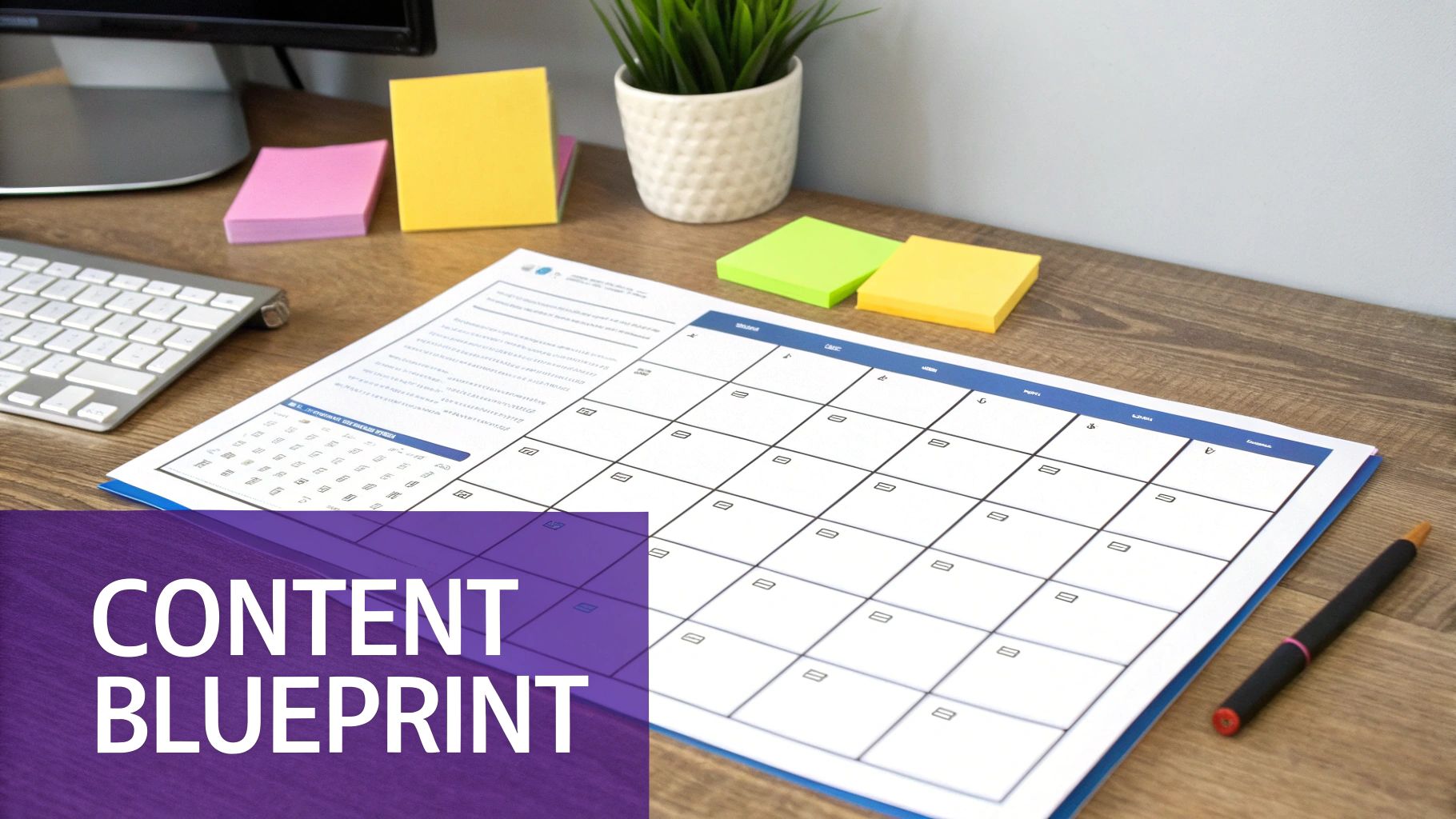 Content blueprint calendar planner on wooden desk with colorful sticky notes and keyboard