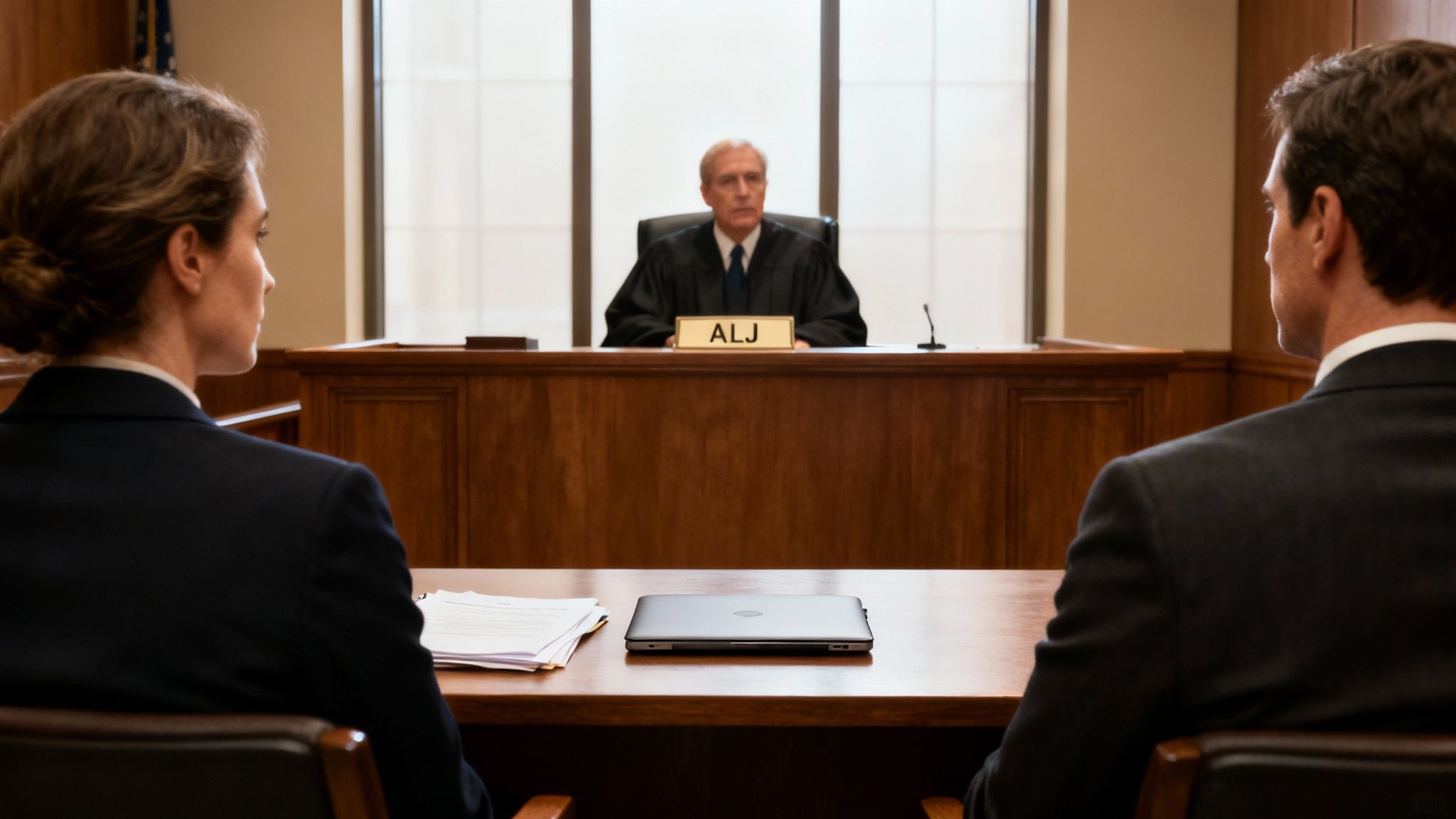 Administrative law judge presiding over disability hearing with two attorneys presenting their case in courtroom