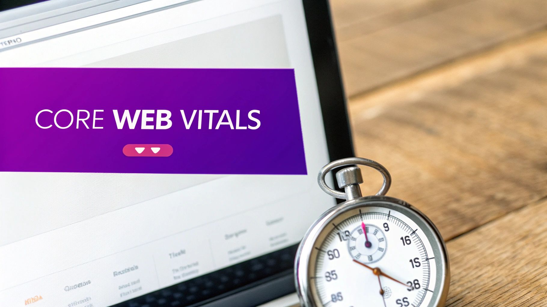 Laptop screen showing 'Core Web Vitals' on a purple banner, with a stopwatch on a wooden desk, symbolizing web performance.