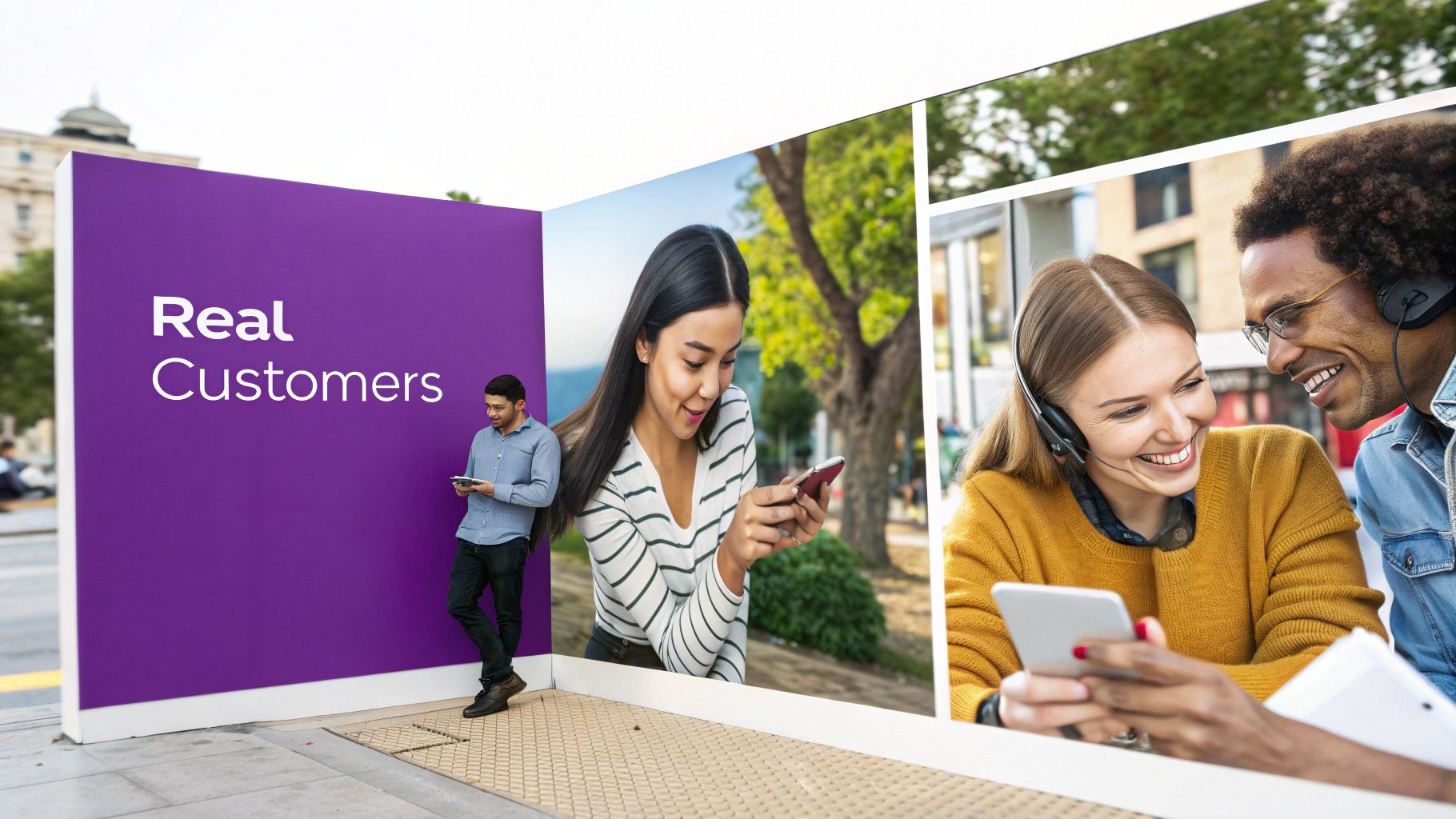 A large purple sign reads “Real Customers” next to photos of diverse people using digital devices.