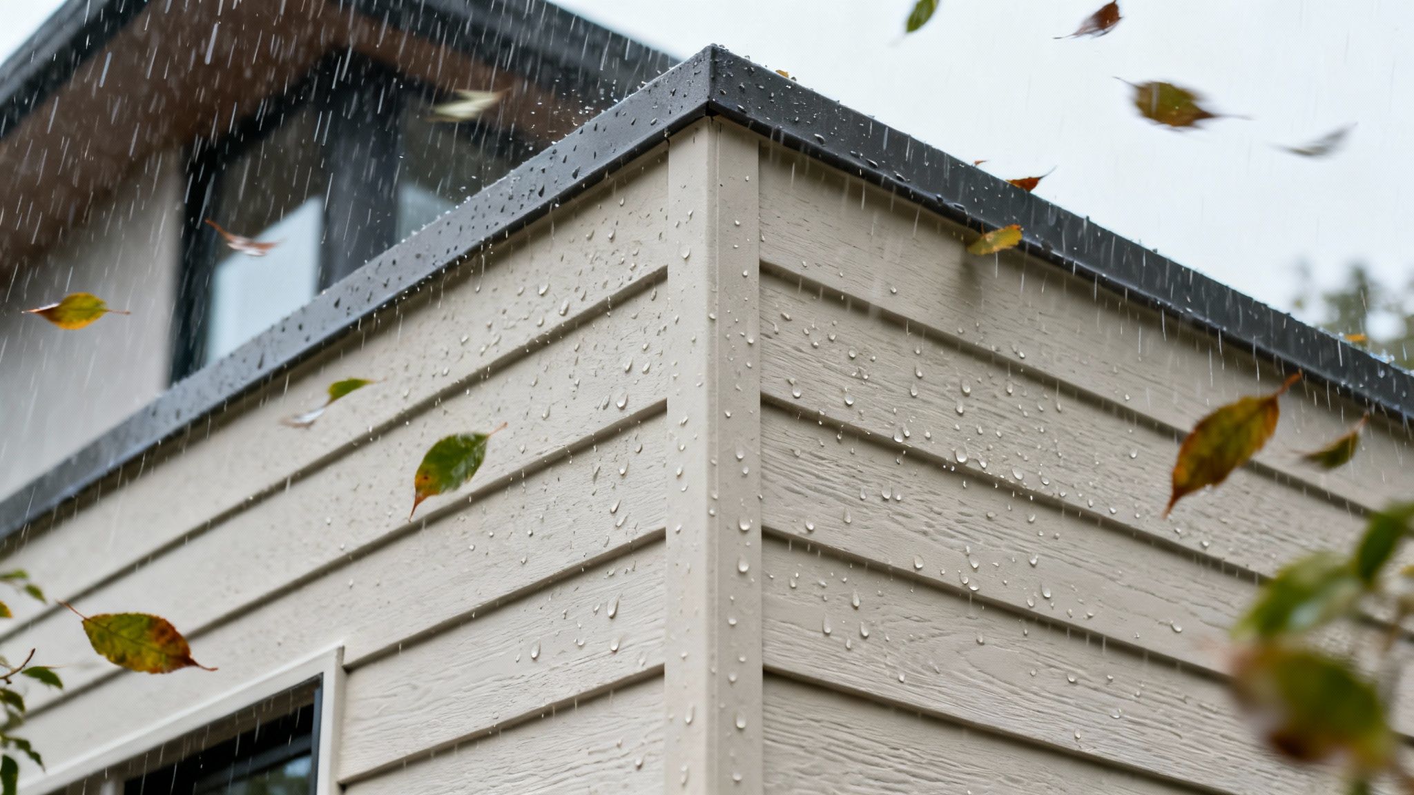 Rain falling on the beige fiber cement siding and dark roof of a modern building, with autumn leaves blowing.