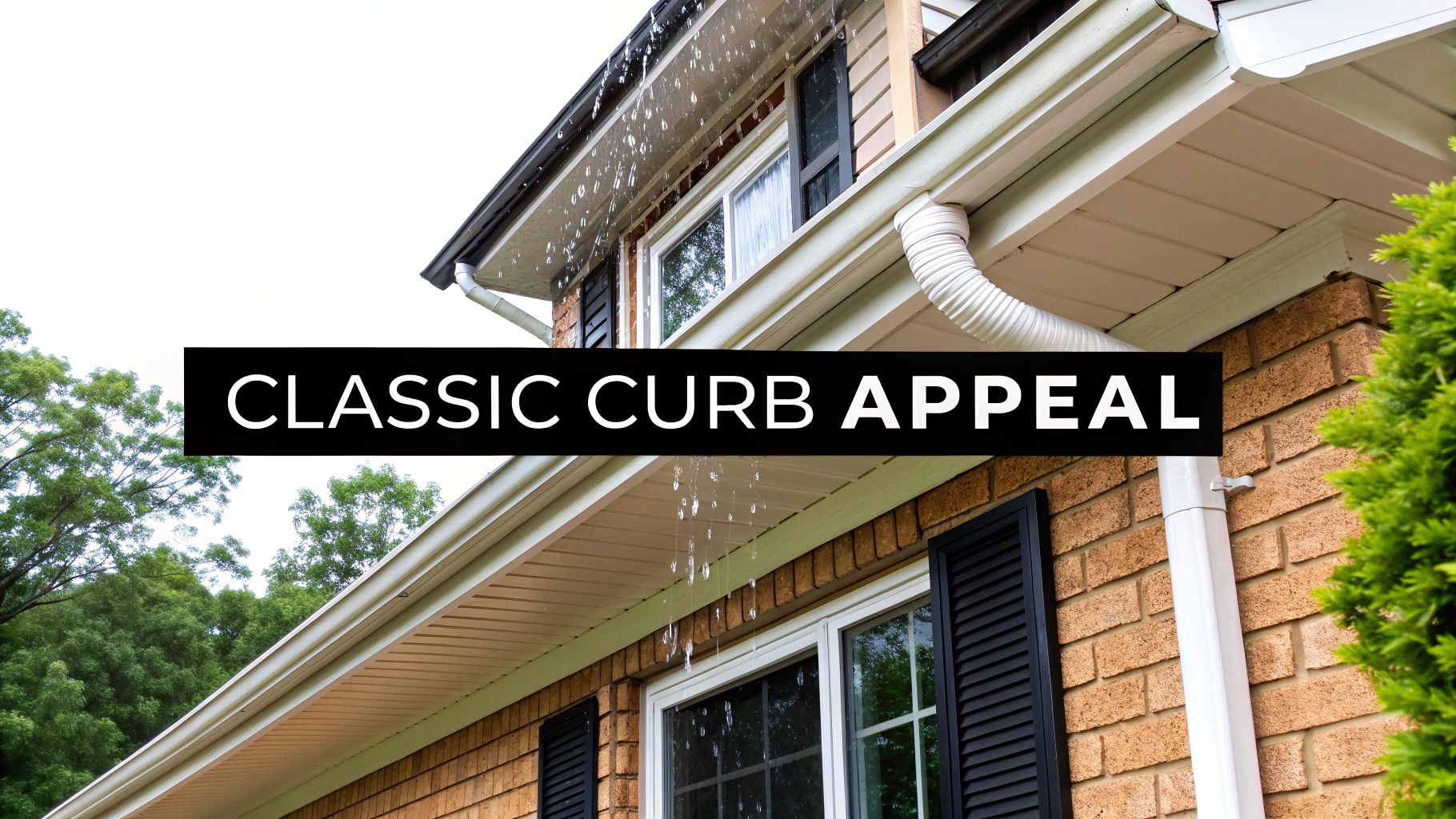 Rainwater spilling from clogged white gutters on a house with brick and siding, featuring text 'CLASSIC CURB APPEAL'.