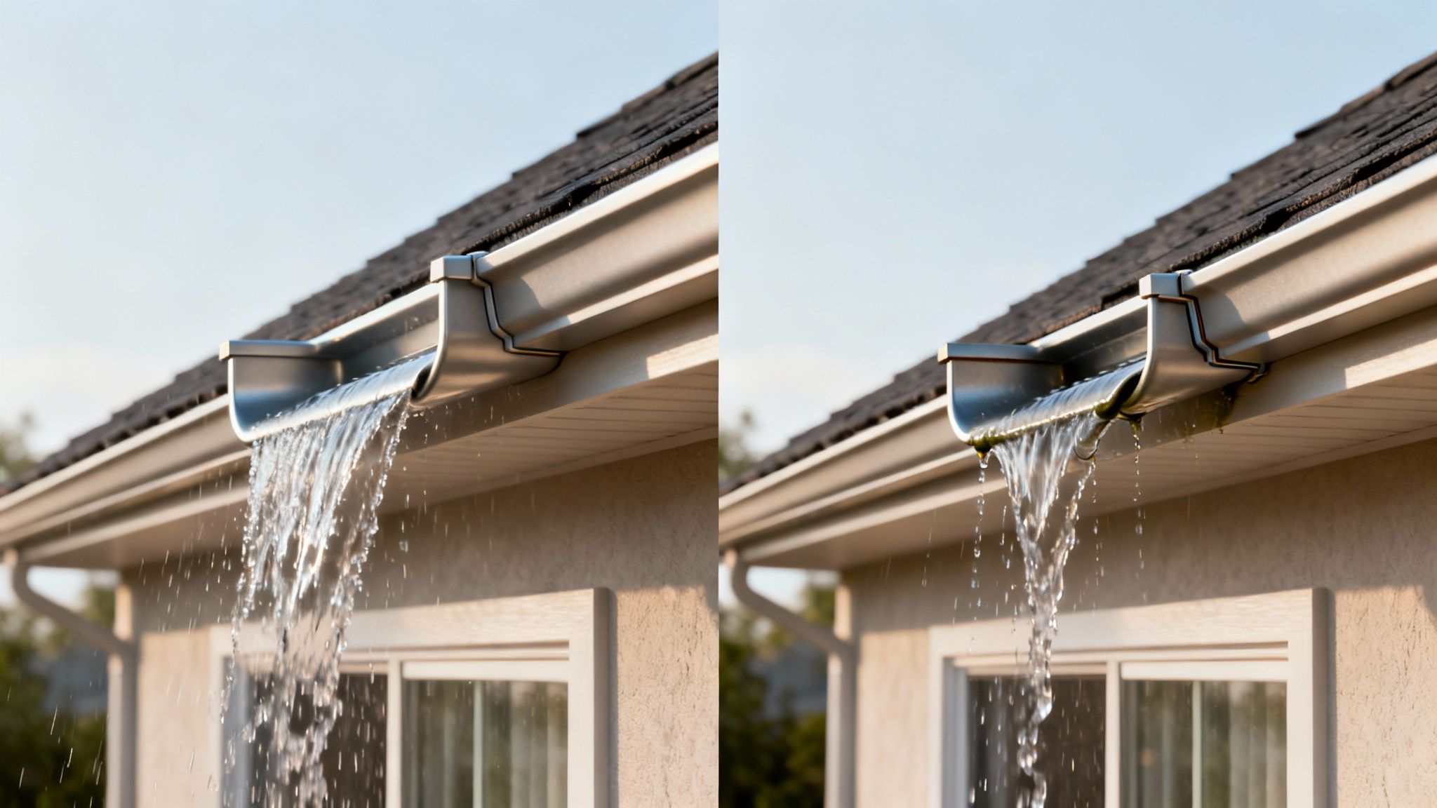 Side-by-side comparison of a clean gutter and a dirty gutter overflowing with rainwater.