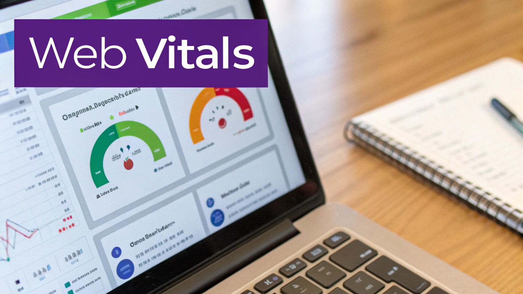 A laptop displays a Web Vitals dashboard with performance metrics, charts, and graphs on a desk.