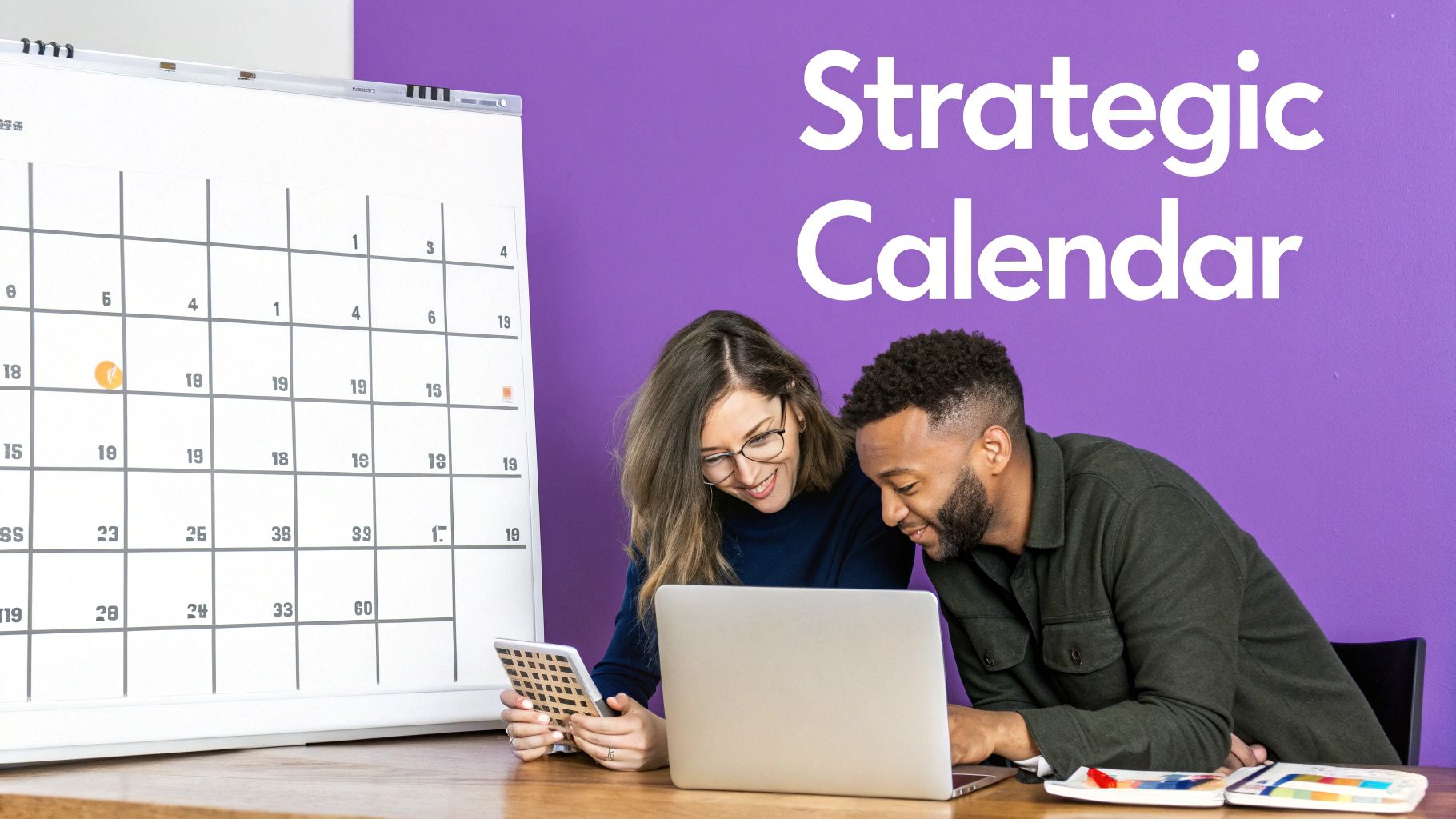 Two business professionals collaborating on strategic content calendar planning with laptop and calculator