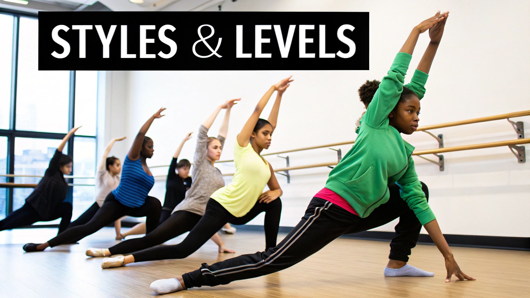 Dance students practicing various styles