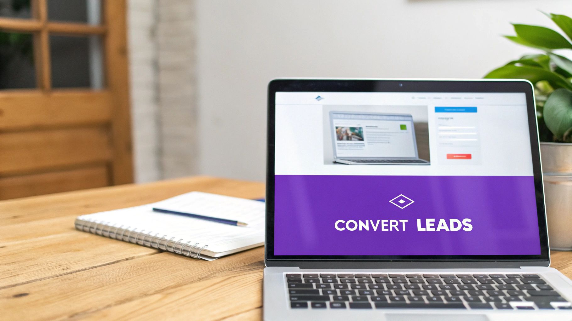 Laptop on a wooden desk displaying a lead generation webpage with 'CONVERT LEADS' text prominently.