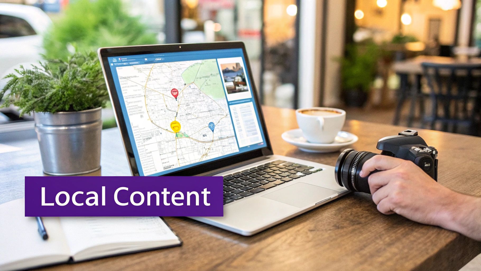 Laptop displaying map with location pins for local business content marketing strategy