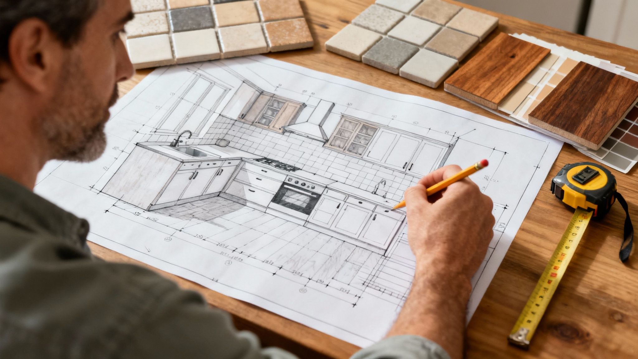 A person at a desk reviewing architectural blueprints with a pen and calculator.