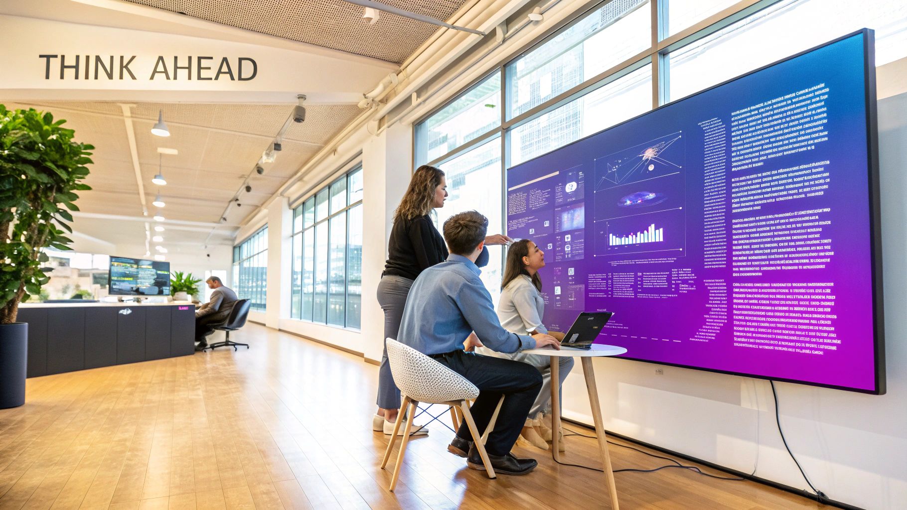 A person interacting with a futuristic, holographic digital interface displaying data charts and graphs, symbolizing future-proofing a business strategy.