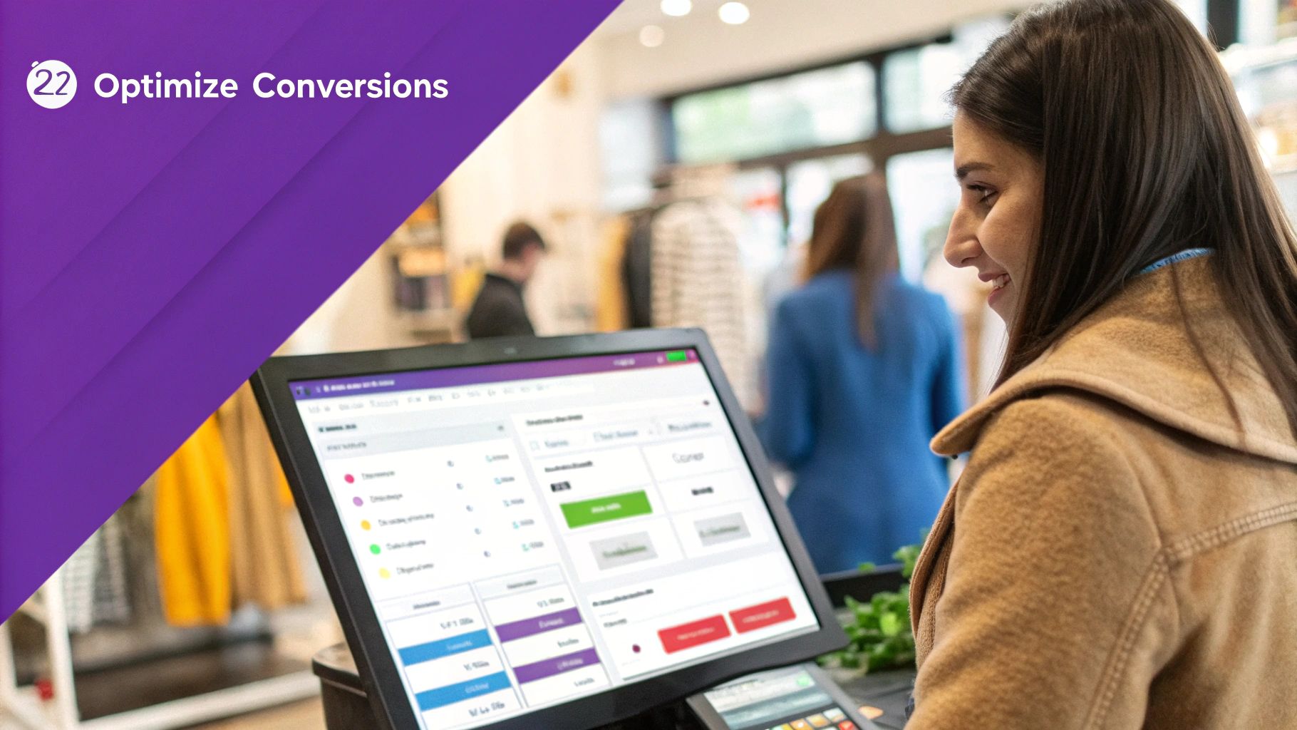 Smiling woman interacting with a modern point-of-sale system in a retail store.