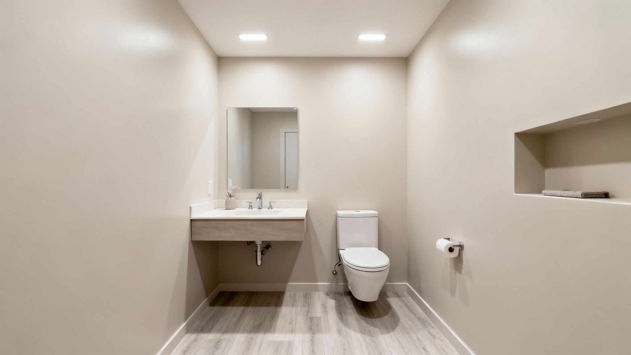 A clean, modern bathroom with a floating vanity, mirror, toilet, and recessed shelf.
