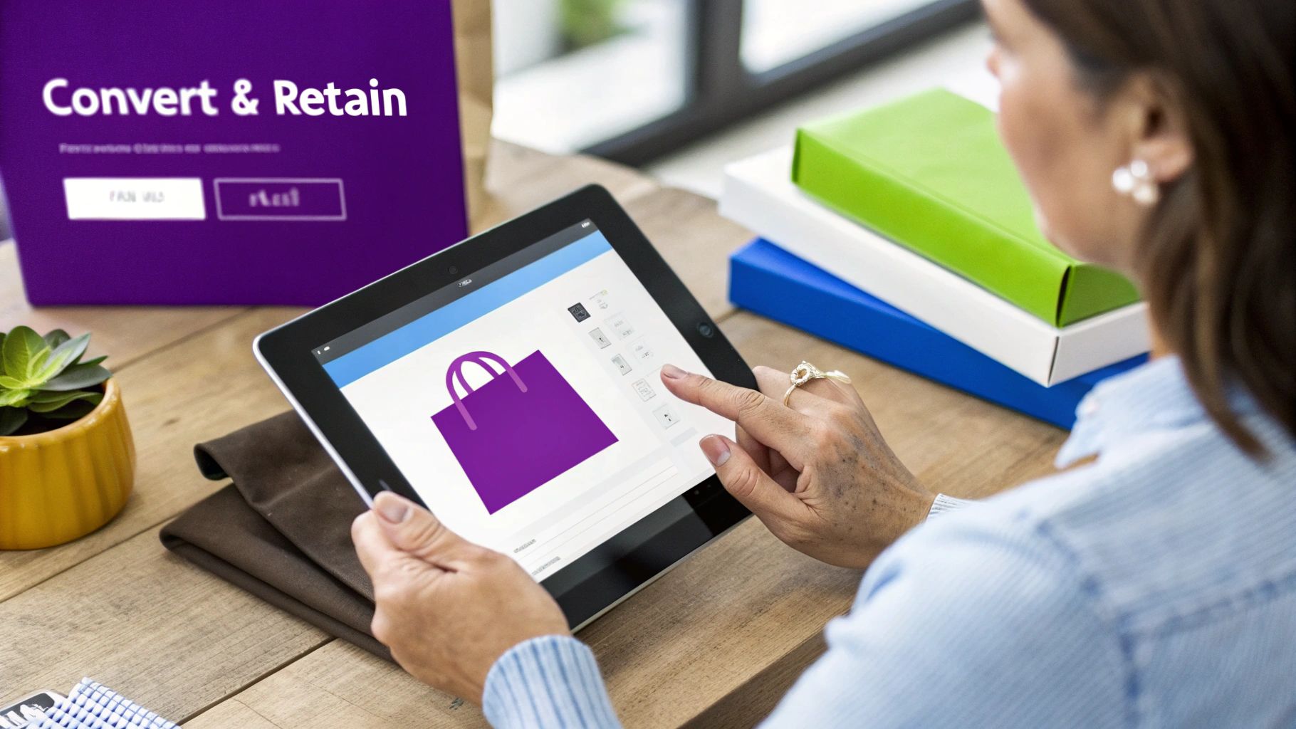 Person on a laptop, shopping online with a credit card in hand, looking satisfied.