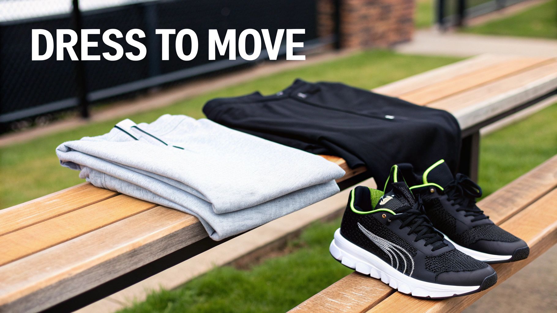 Sportswear including a grey shirt, black jacket, and black Puma sneakers on a wooden bench, with text 'DRESS TO MOVE'.