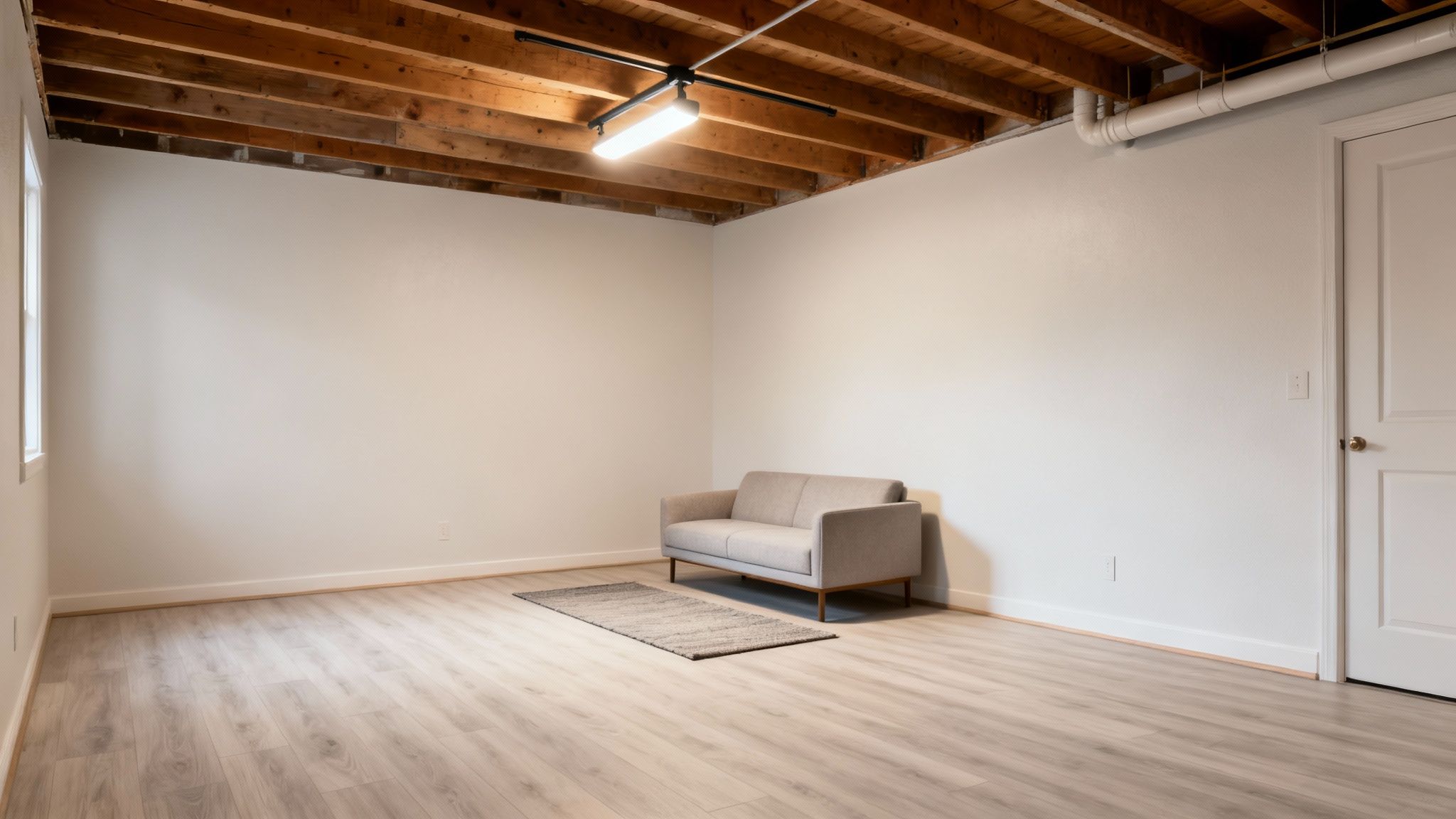 Minimalist finished basement with exposed wooden ceiling beams, light flooring, and modern gray sofa