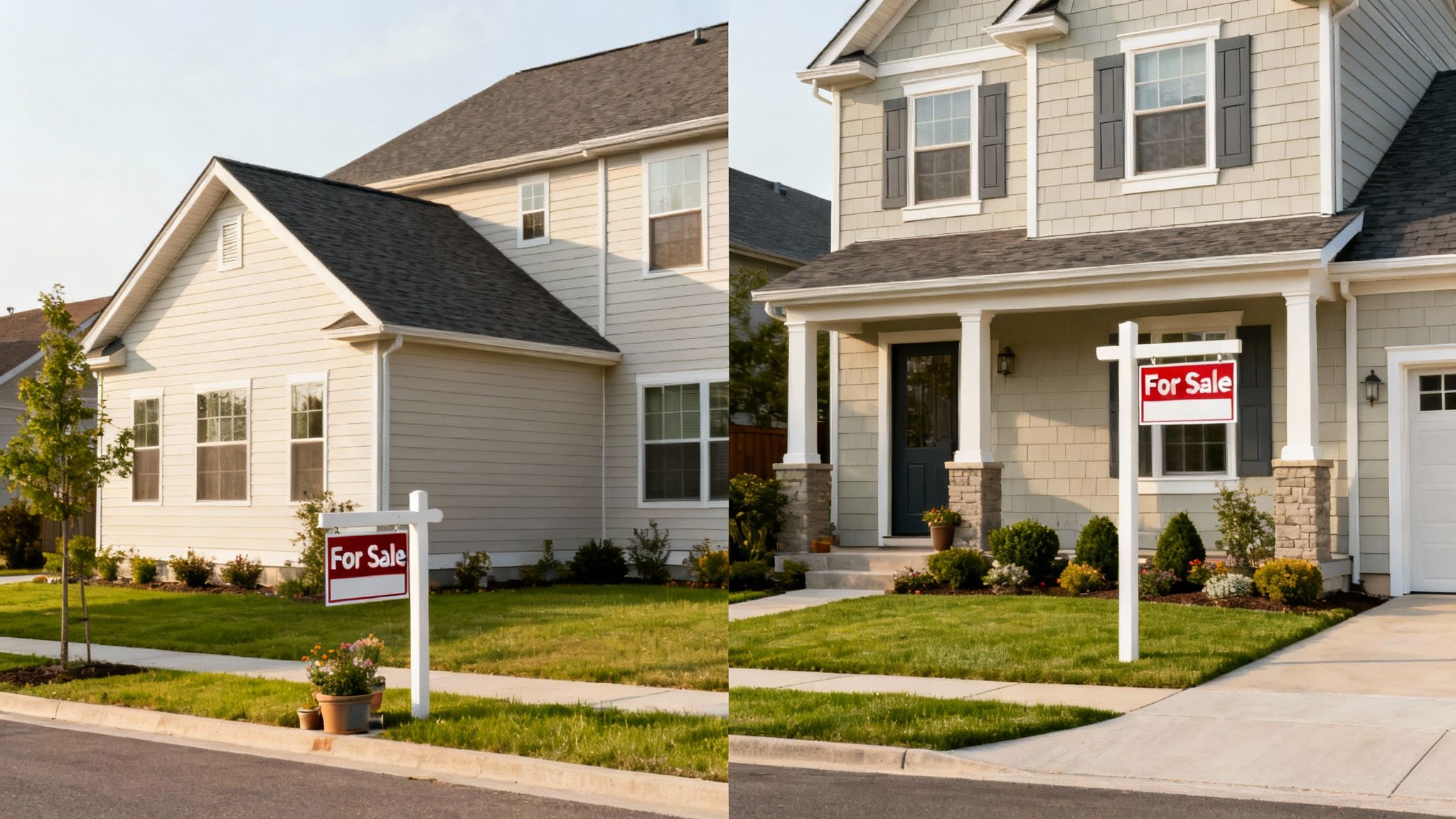 Two modern homes with 'For Sale' signs, one with light vinyl siding, the other with green fiber cement.