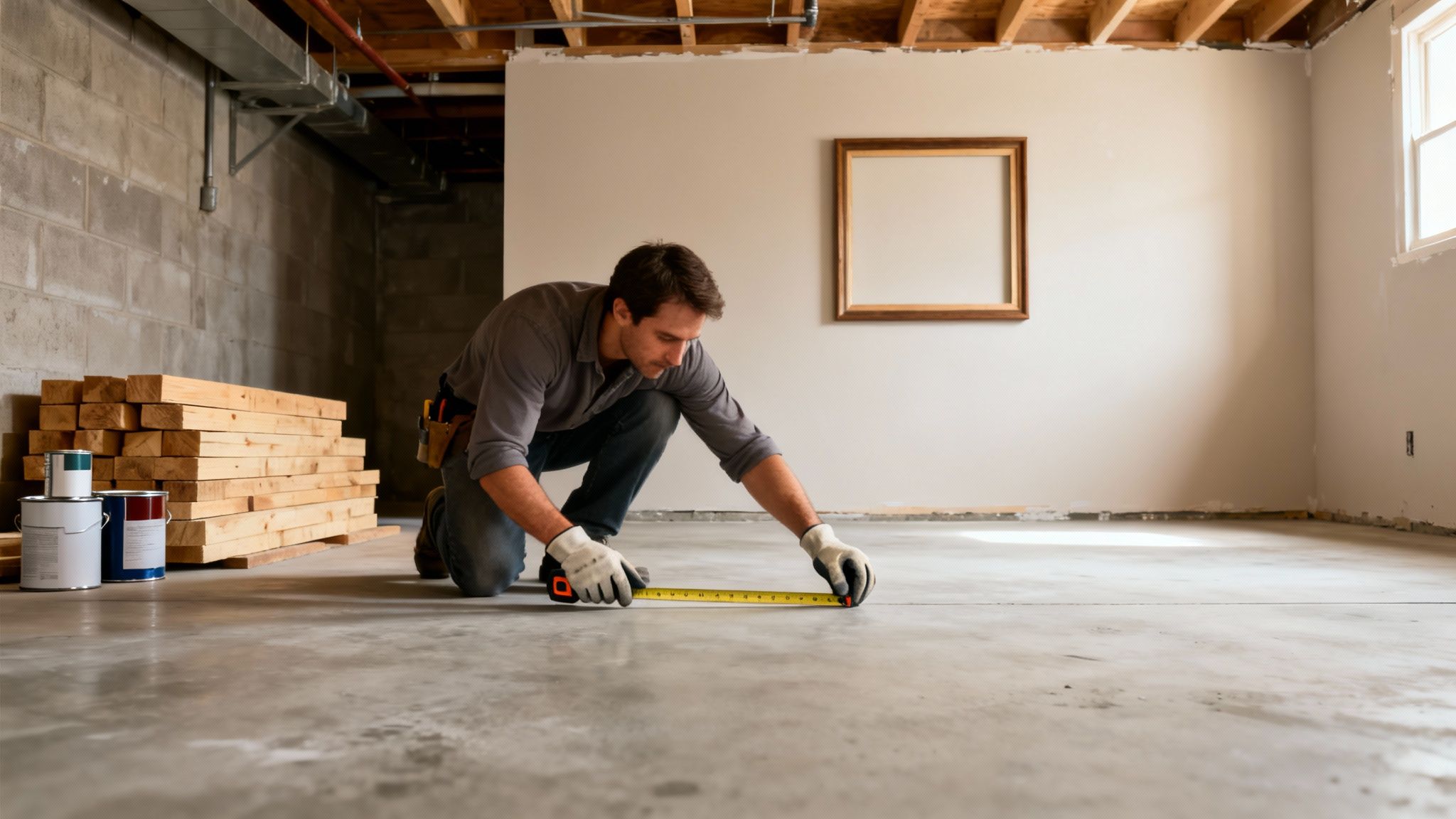 Man measuring concrete floor in unfinished basement with wood planks and paint cans nearby.